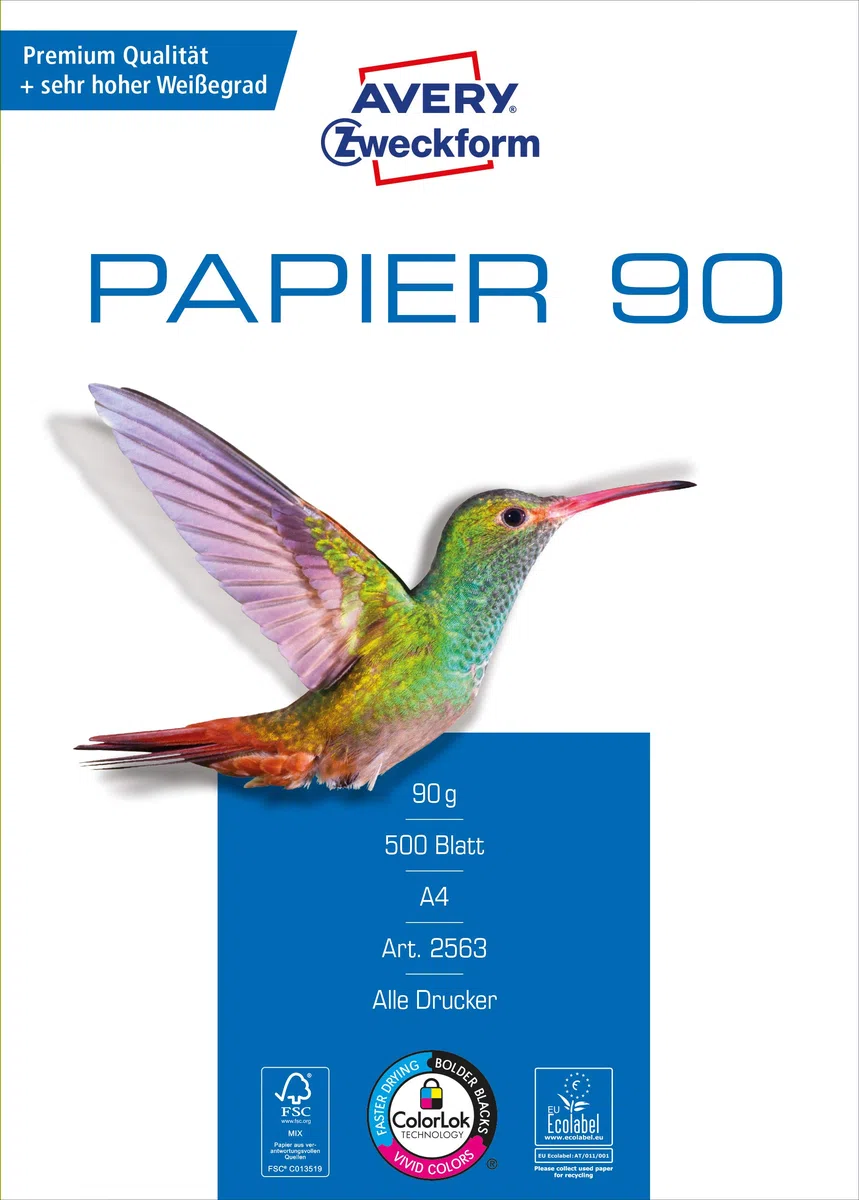AVERY Zweckform 2563 - Papel para impresora/fotocopiadora (1500 hojas, 90 g/m², papel DIN A4, blanco brillante, para todas las impresoras), 1 caja de 3 unidades