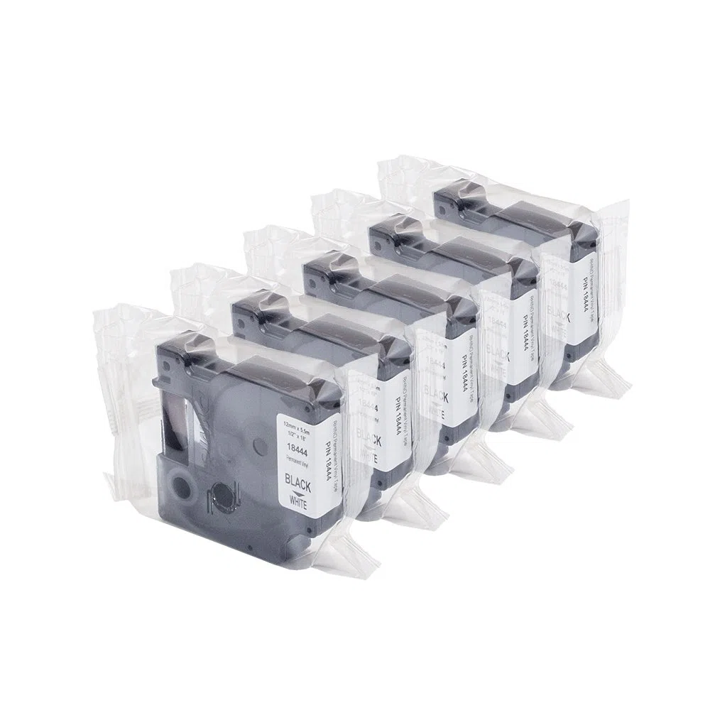 5?X Dymo 18444?Rhino industriel, autocollants, ?tiquettes en vinyle???Rouleau de 12?mm x 5.5?m, impression noir sur blanc + PAPERMATE Stylo Cadeau