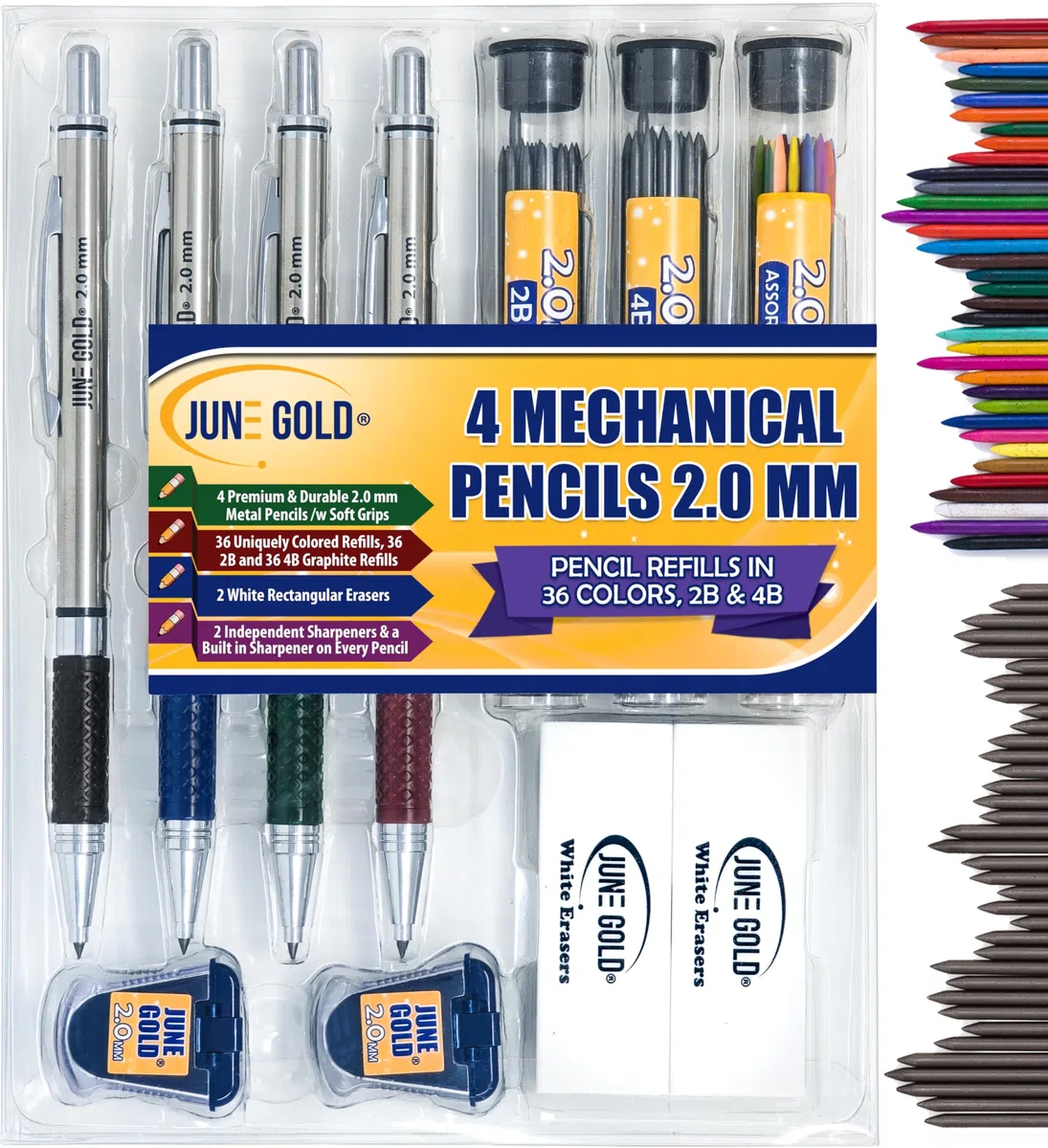 Lápices mecánicos Junio Gold Premium, varios tamaños, dispensadores de plomo y borradores de recambio
