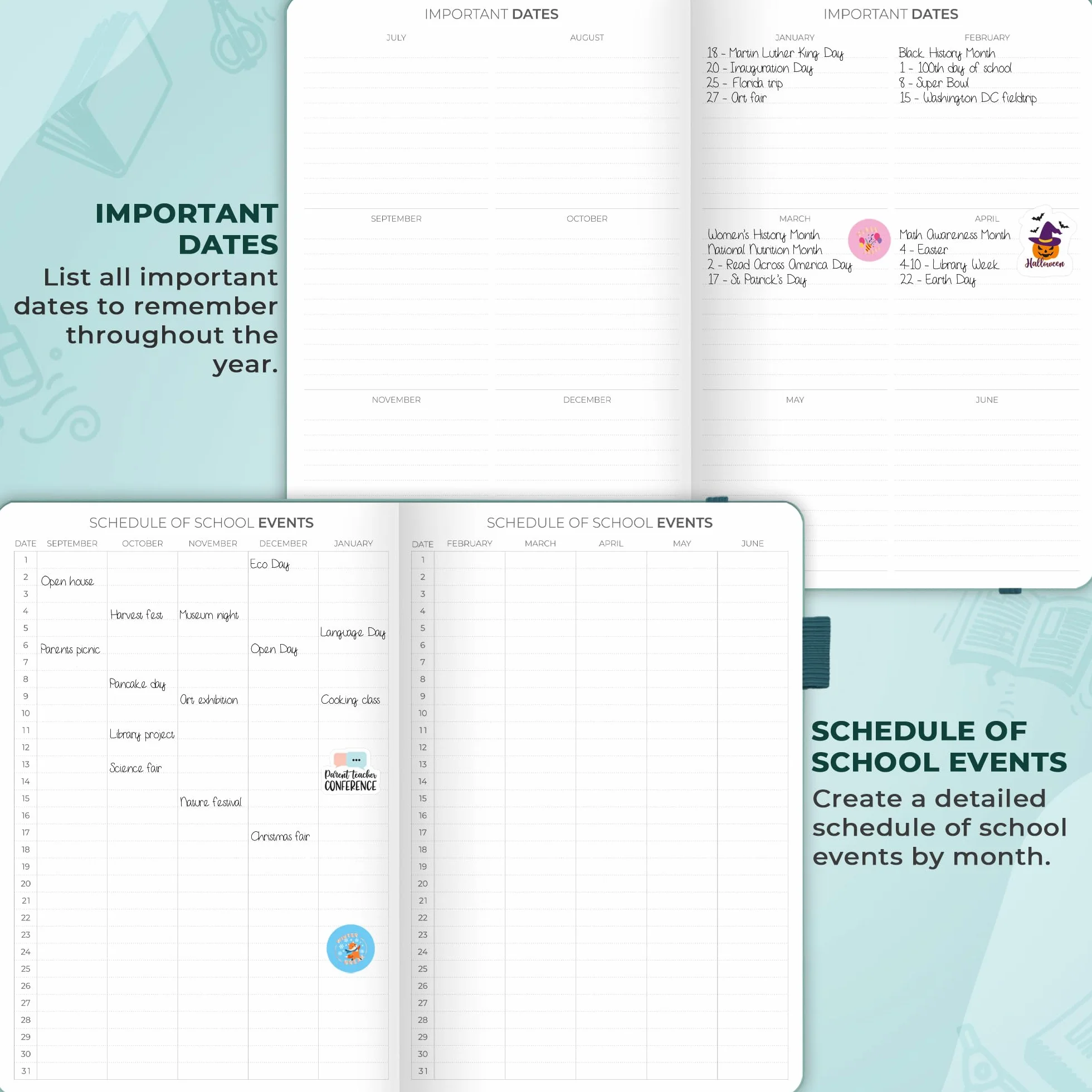 Clever Fox Planificador para profesores, planificador de año escolar con calendarios y planes de lecciones, libro de planes para profesores para organización de aula y escuela en casa, sin fecha, 7 x