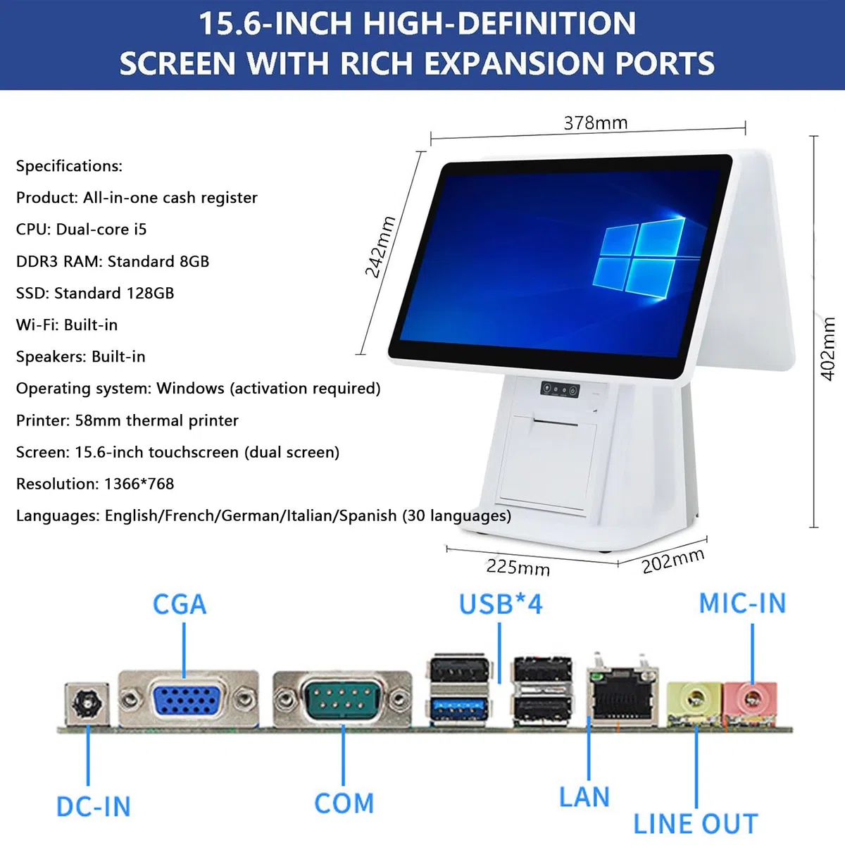 Caja registradora táctil de Doble Pantalla con Pantalla táctil Dual de 15,6", Impresora térmica integrada de 58mm, 8 GB de RAM, SSD de 128 GB, para restaurantes comerciales y minoristas