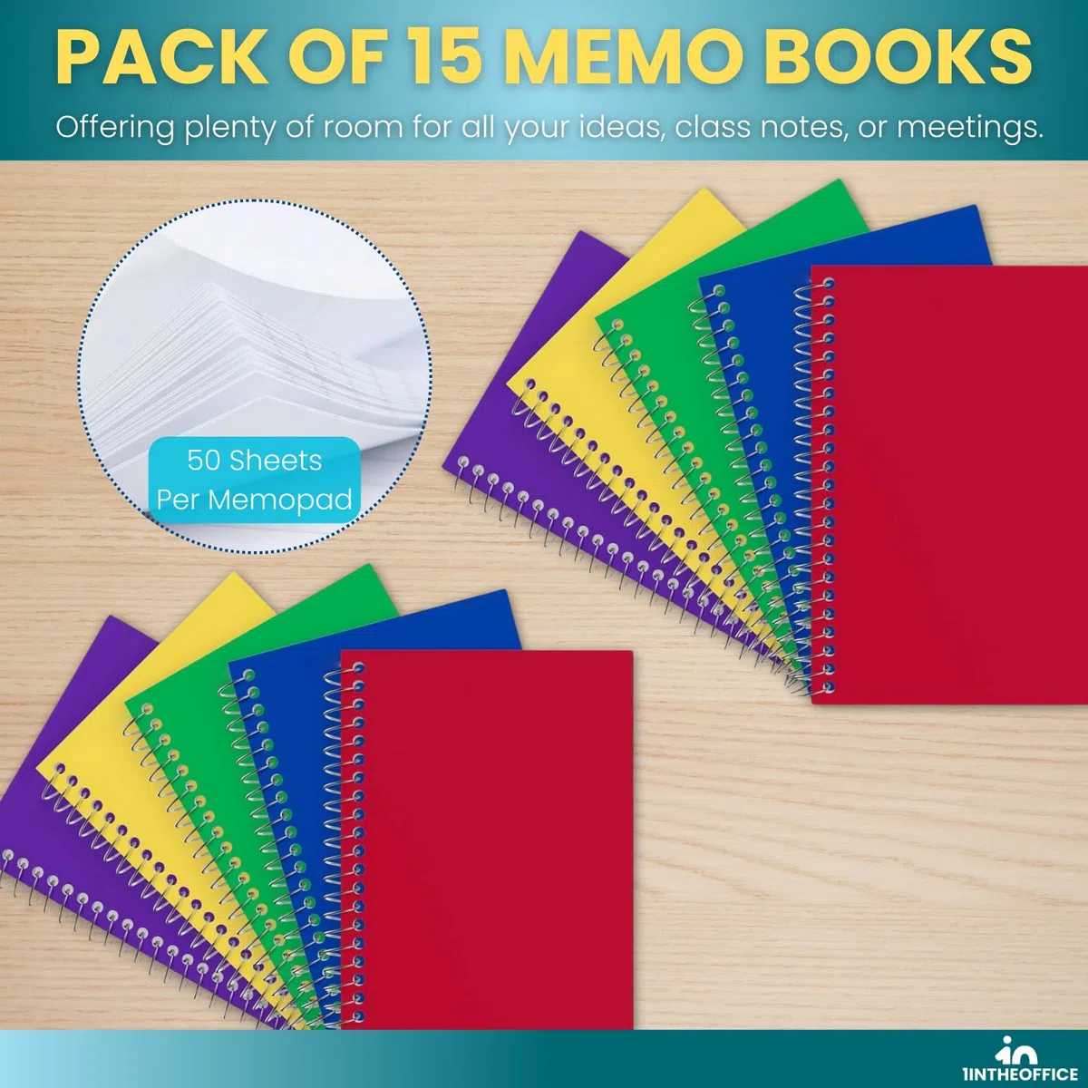 1InTheOffice - Libretas de notas en espiral, bloc de notas de 4 x 6 pulgadas, con rayas universitarias, tamaño pequeño 4 x 6, surtido, 50 hojas/bloc, 15 almohadillas/paquete