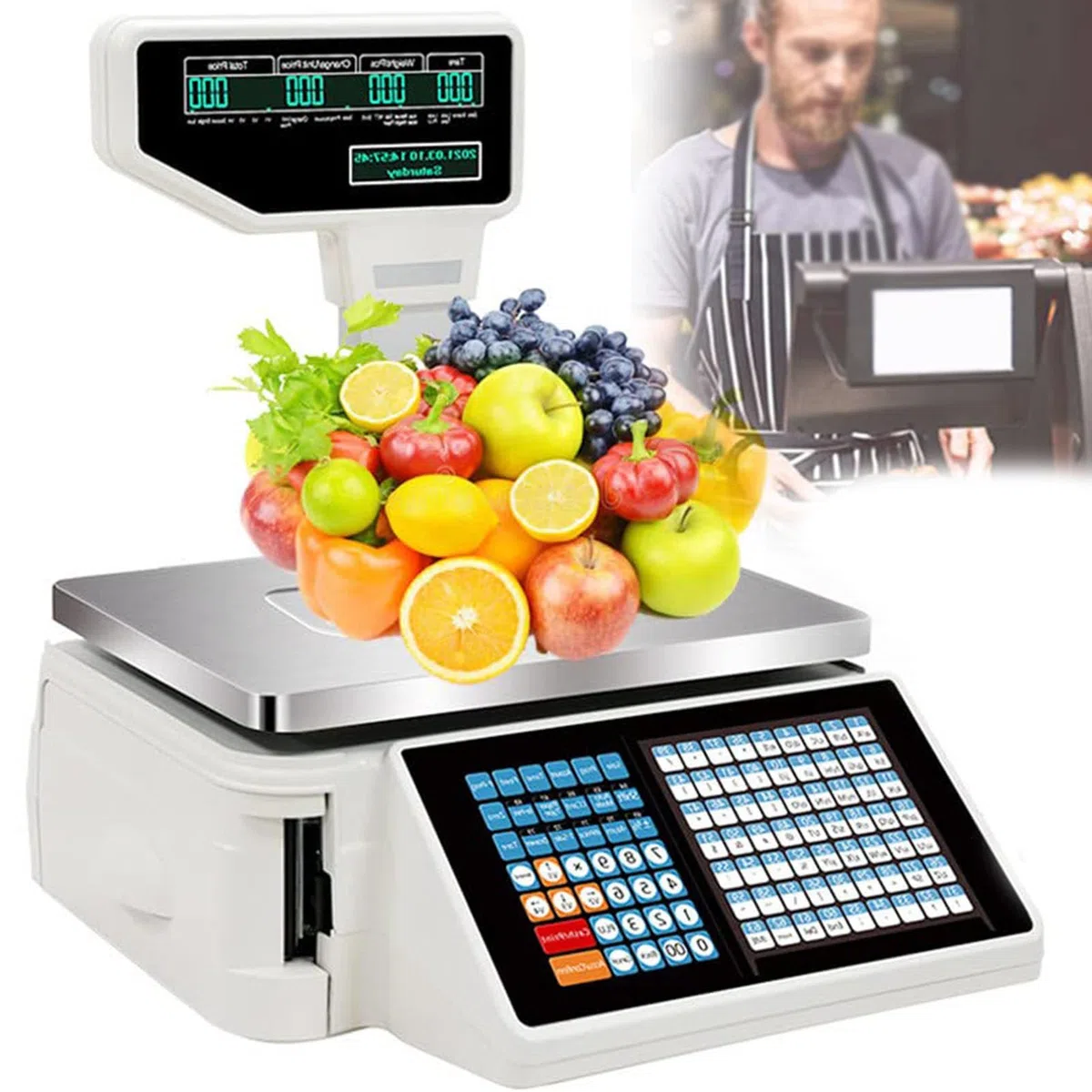 Balanza digital de precios Impresora térmica, balanza comercial de impresión de etiquetas de precios de doble cara Balanza electrónica de códigos de barras Caja registradora para supermercados ,A