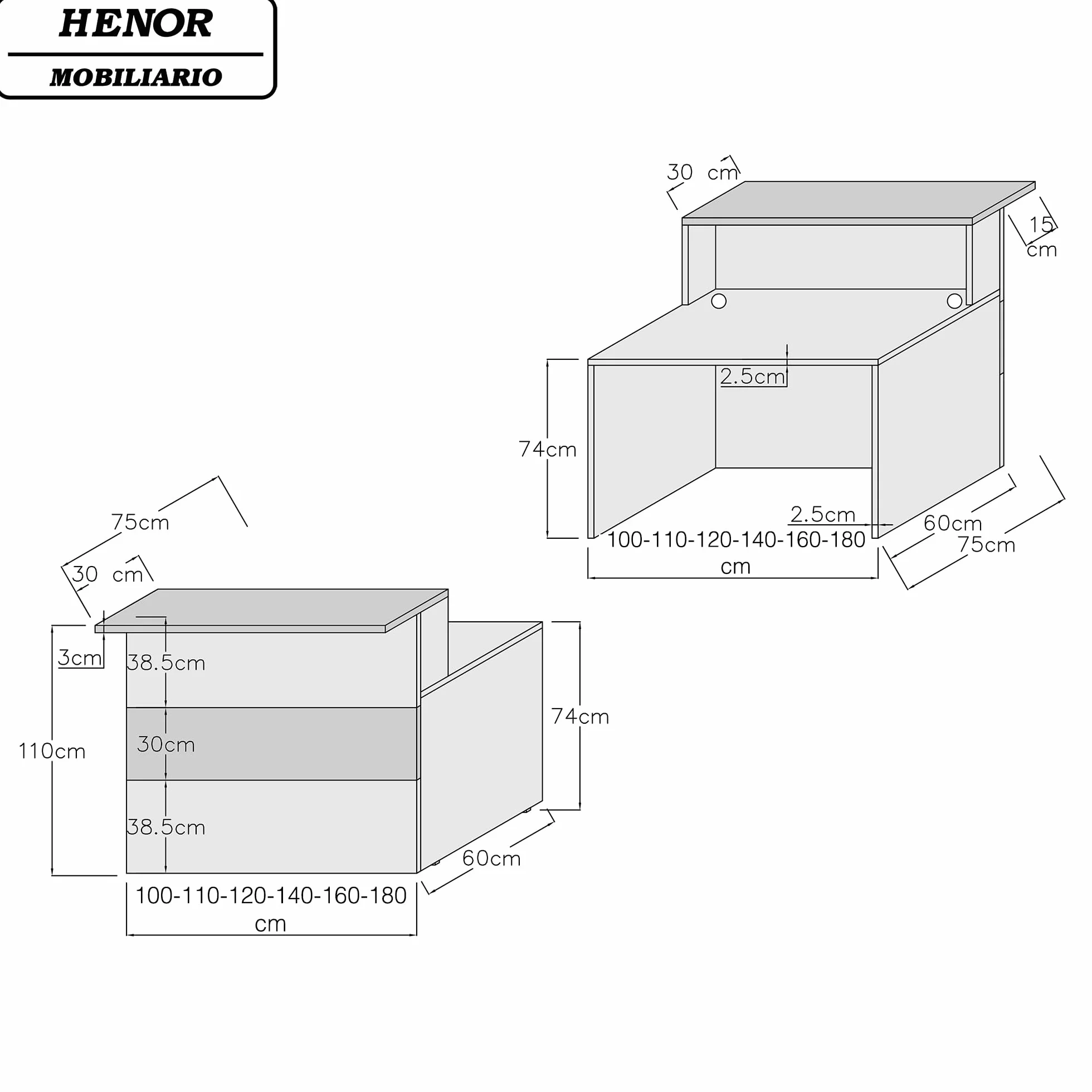Henor Mostrador Cidacos - 140 x 60/75 x 110/75 cm. Madera con Mesa Interior. Ideal para Recepción Atención Oficina Espacios Comerciales. Blanco y Grafito.