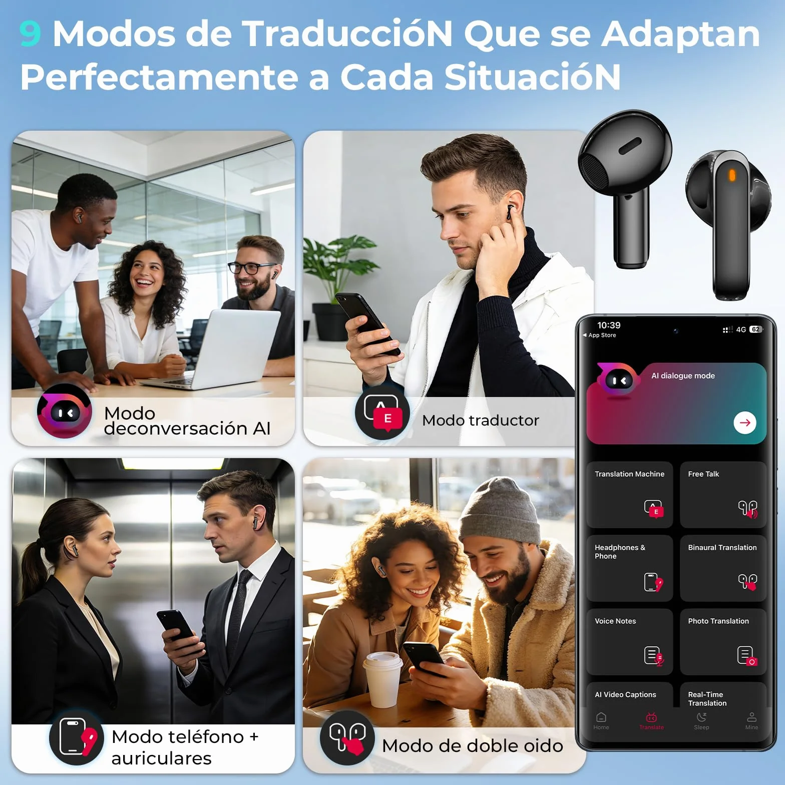 NE70 AI Auriculares Traductores con Pantalla LCD, Soporta 134 Idiomas y 9 Modos de Traducción, Auriculares Traductor en Tiempo Real con Tecnología Bluetooth 6.0, 60H de Duración de la Batería