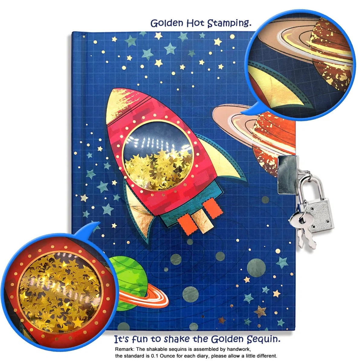 Agenda de Lujo con Estampado en lámina metálica. Diario con candado for niños, diseño de Nave Espacial Lentejuelas agitables, Secreto Personalizado, Material Oficina Escolar for Estudiantes