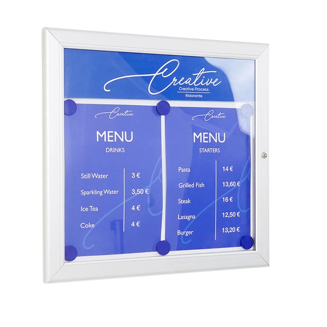 Danieli Store - Tablón de Anuncios Exterior Plateado para Menús - Tablón con Cerradura y Par de Llaves - Fácil Montaje en Pared - Superficie de Acero Magnético y Escribible (2x A4)