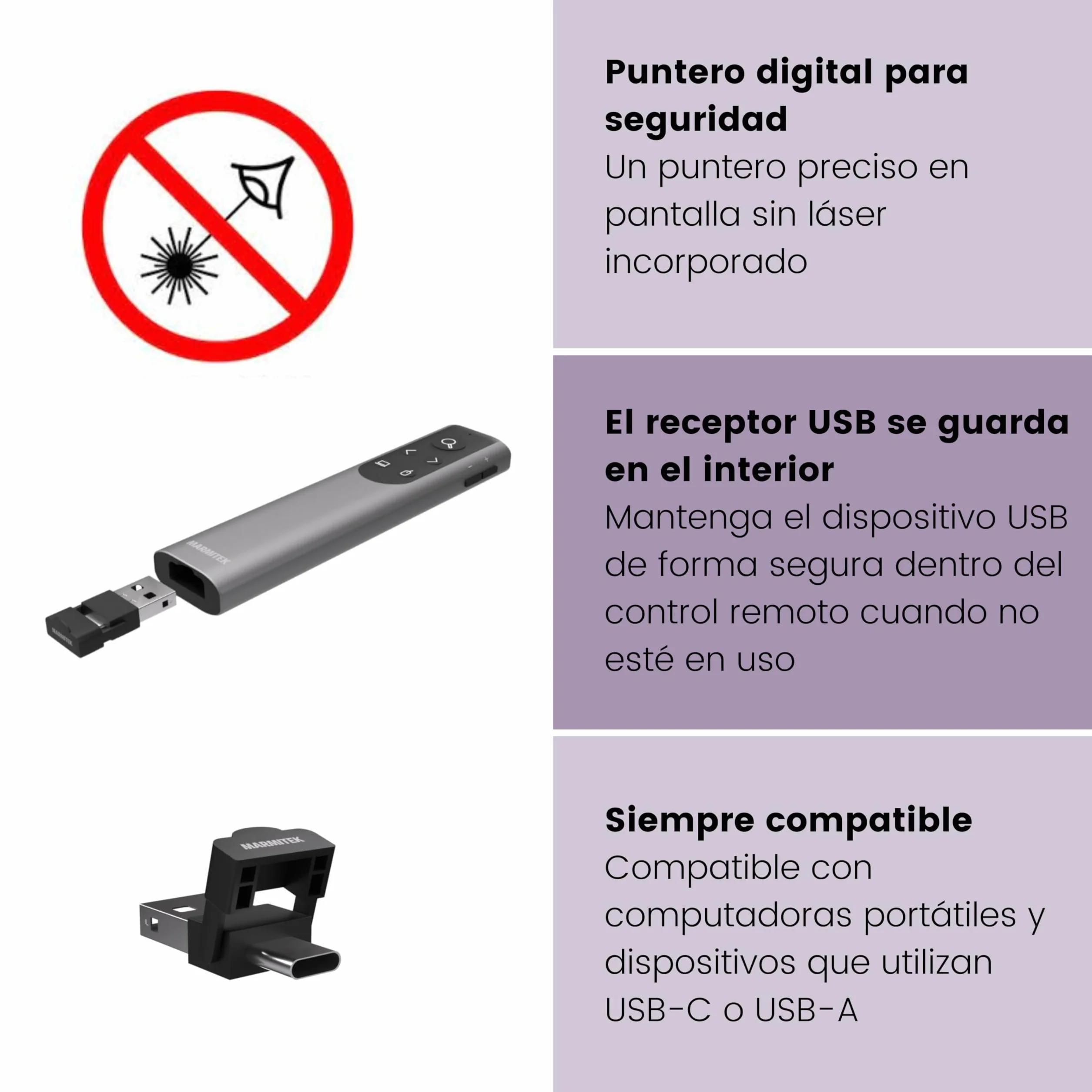 Controlador de presentaciones Marmitek WPR 400 – Puntero digital y Air Mouse – Función zoom y marcado – Receptor USB-C y USB-A – Presentación inalámbrica – Wireless Presenter – Clicker PowerPoint
