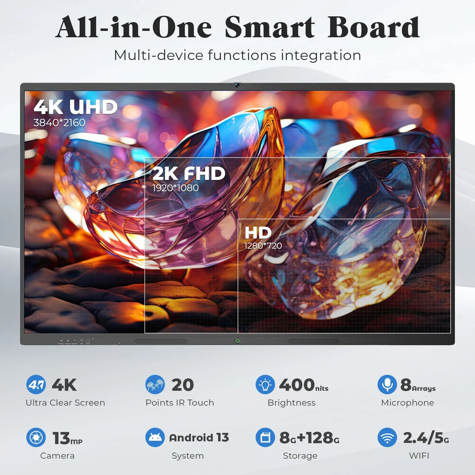 Pizarra Interactiva Digital 75” Smart Board, 4K Ultra HD, Monitor Táctil con Android 13, 8+128GB Almacenamiento, Cámara y Micrófono Integrados, WiFi, Bluetooth y HDMI, para Aula y Oficina