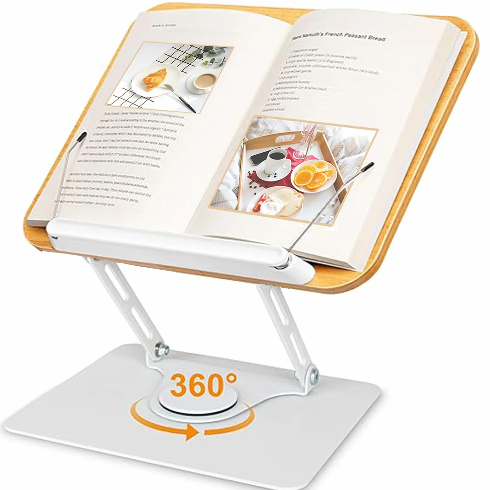Atril para Libros de Madera con Base Giratoria 360°, Soporte de Lectura Regulable en Altura, Pupitre Ergonómico y Plegable para Escritorio, Cocina, Tablet y Libros de Texto, Recetas, Partituras
