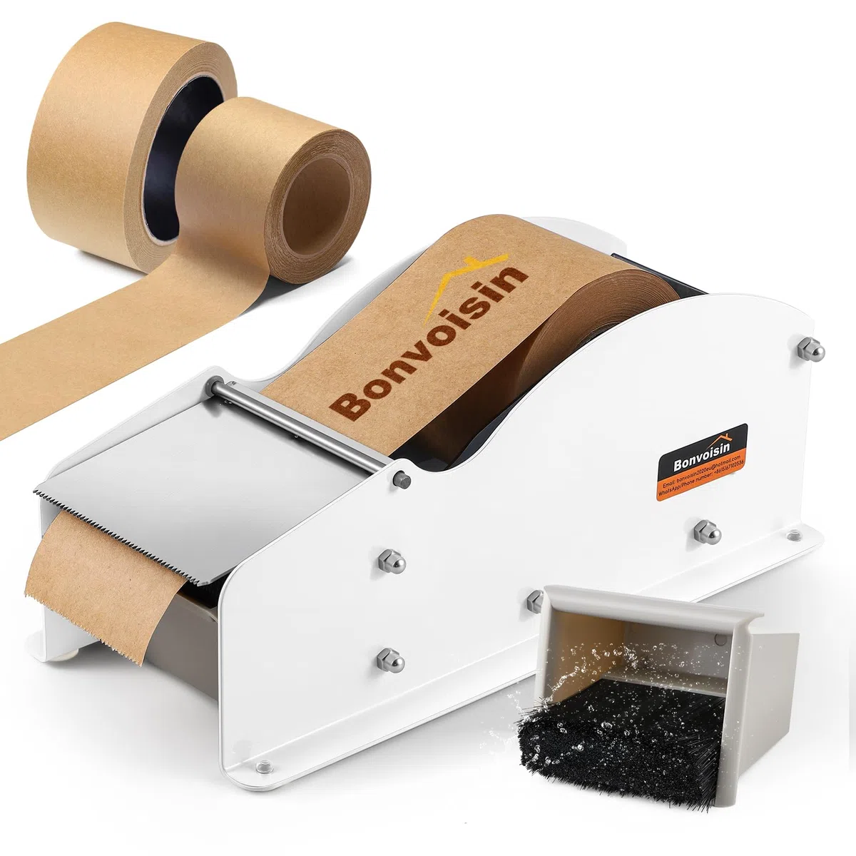 Bonvoisin Distribuidor Manual de Cinta Activada por Agua para Papel Kraft | Para Cinta Adhesiva 25-90 mm, Cuerpo de Acero, Cuchilla de Acero Inoxidable, Depósito de Agua para 3-5 Horas