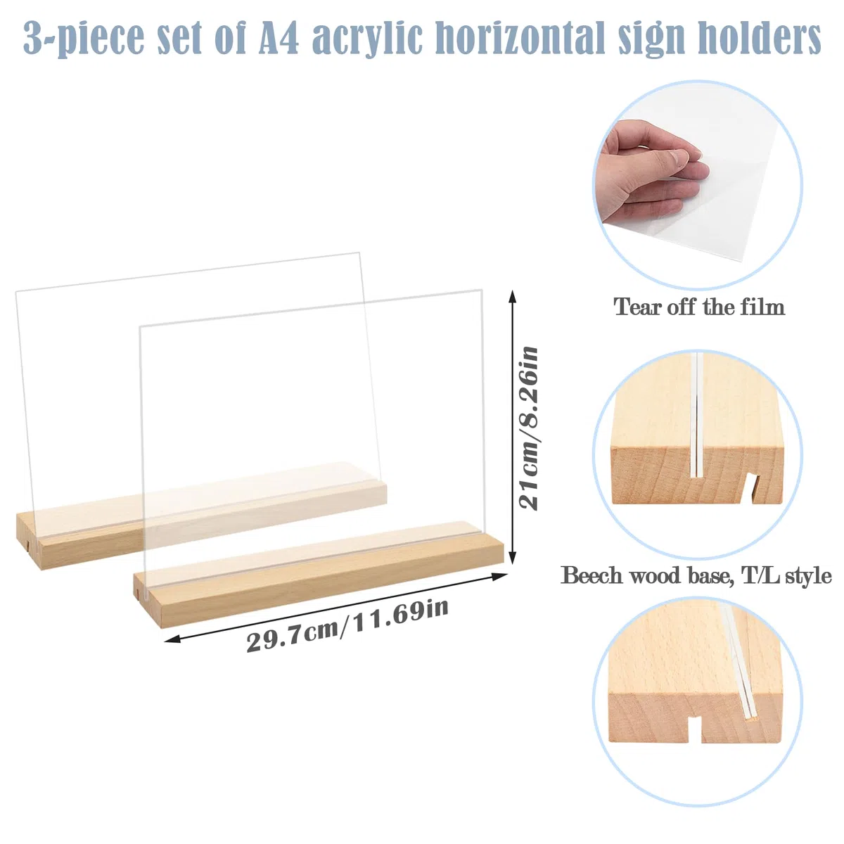 Soporte acrílico A4, paquete de 3 soportes horizontales de plástico con base de madera, soporte de menú de doble cara en forma de L/T, soporte de mesa para oficina, hogar, tienda, restaurante