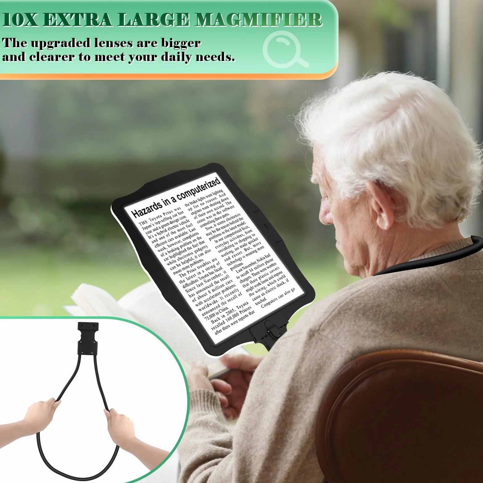 NZQXJXZ 10X Recargable Lupa con Luz, Lupas Grandes con Manos Libres para Leer Libros, Lupa de Página Completa de Libro, Lupa de Cuello de Cisne Flexible para Reparar, Coser, Personas con Baja Visión
