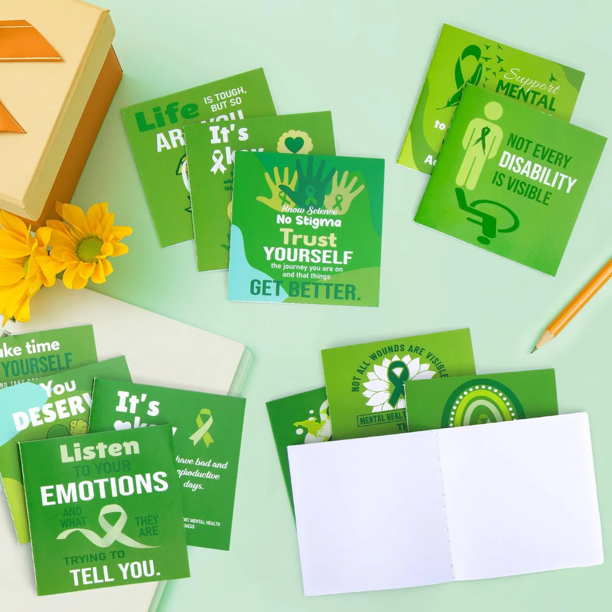 120 blocs de notas de concienciación sobre la salud mental, a granel, cinta de concienciación verde, mini bloc de notas, cuaderno de bolsillo para regalos de fiesta del mes de salud mental (4 x 4