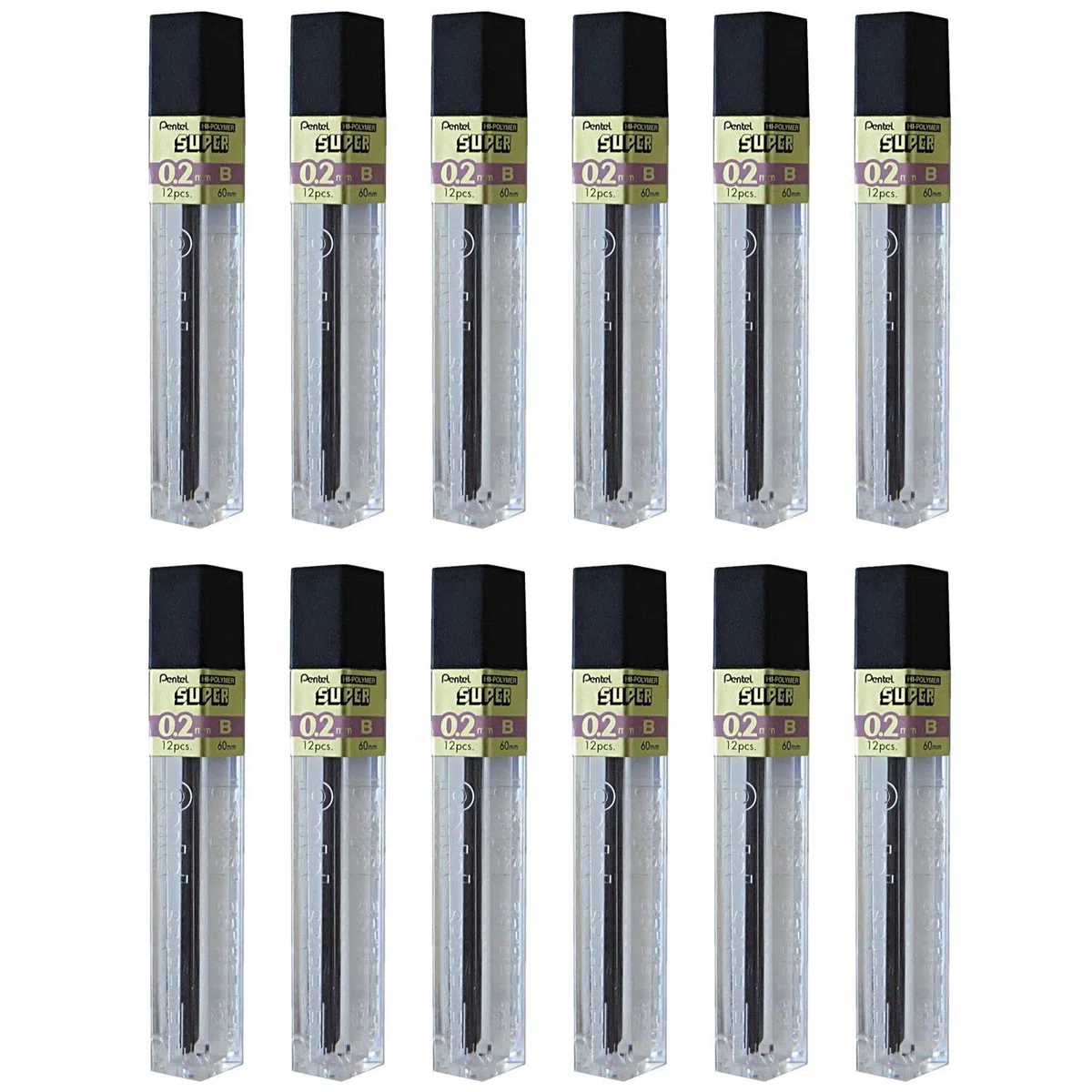 PENTEL Lote de 12 fundas de 12 minas para portaminas HI-POLYMER SUPER 0,2 mm B