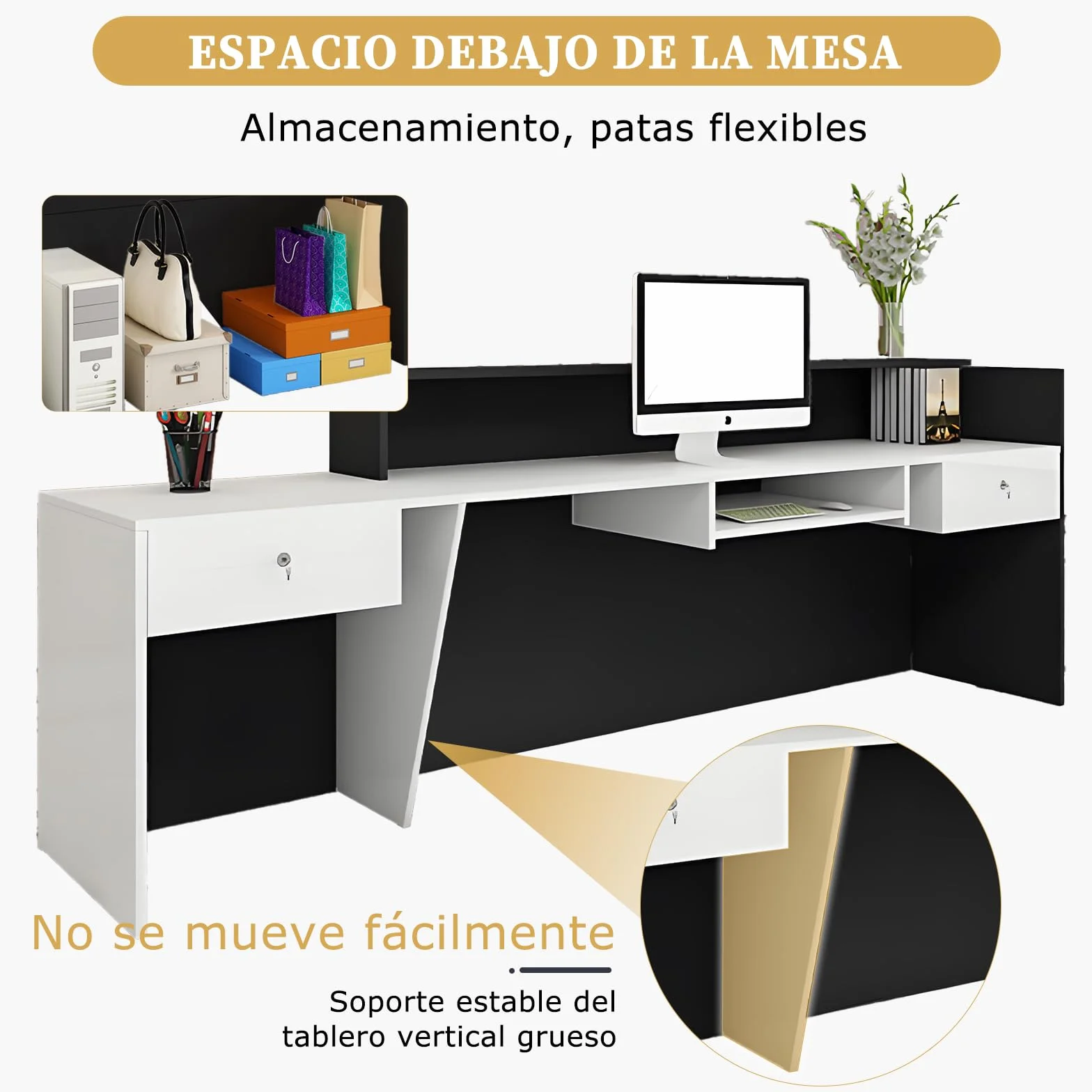 Mostrador Recepción Grande de 100 a 180 cm, con Cajón y Estantes Abiertos Mostradores Recepcion, Mueble para Oficina, Salón, Tienda o Vestíbulo Blanco+Gris/Derecha 180x100x60cm