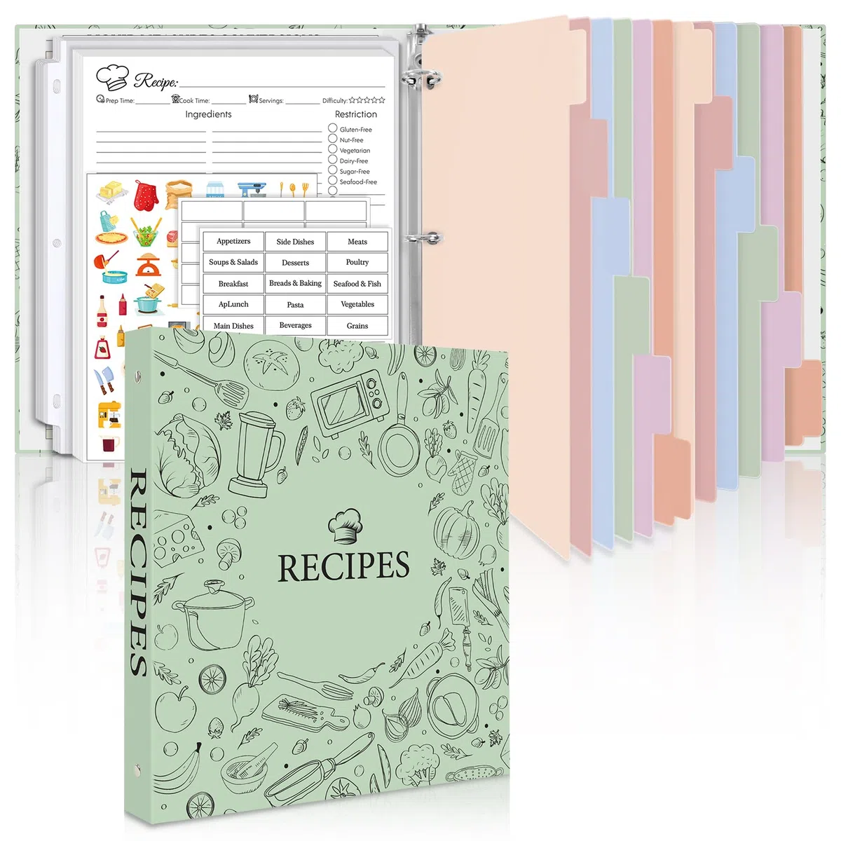 Carpeta de recetas de 8.5 x 11 pulgadas, 3 anillos redondos de 1 pulgada, libro de recetas para escribir en tus propias recetas, receta con 60 fundas de plástico, 12 divisores, 60 tarjetas de recetas
