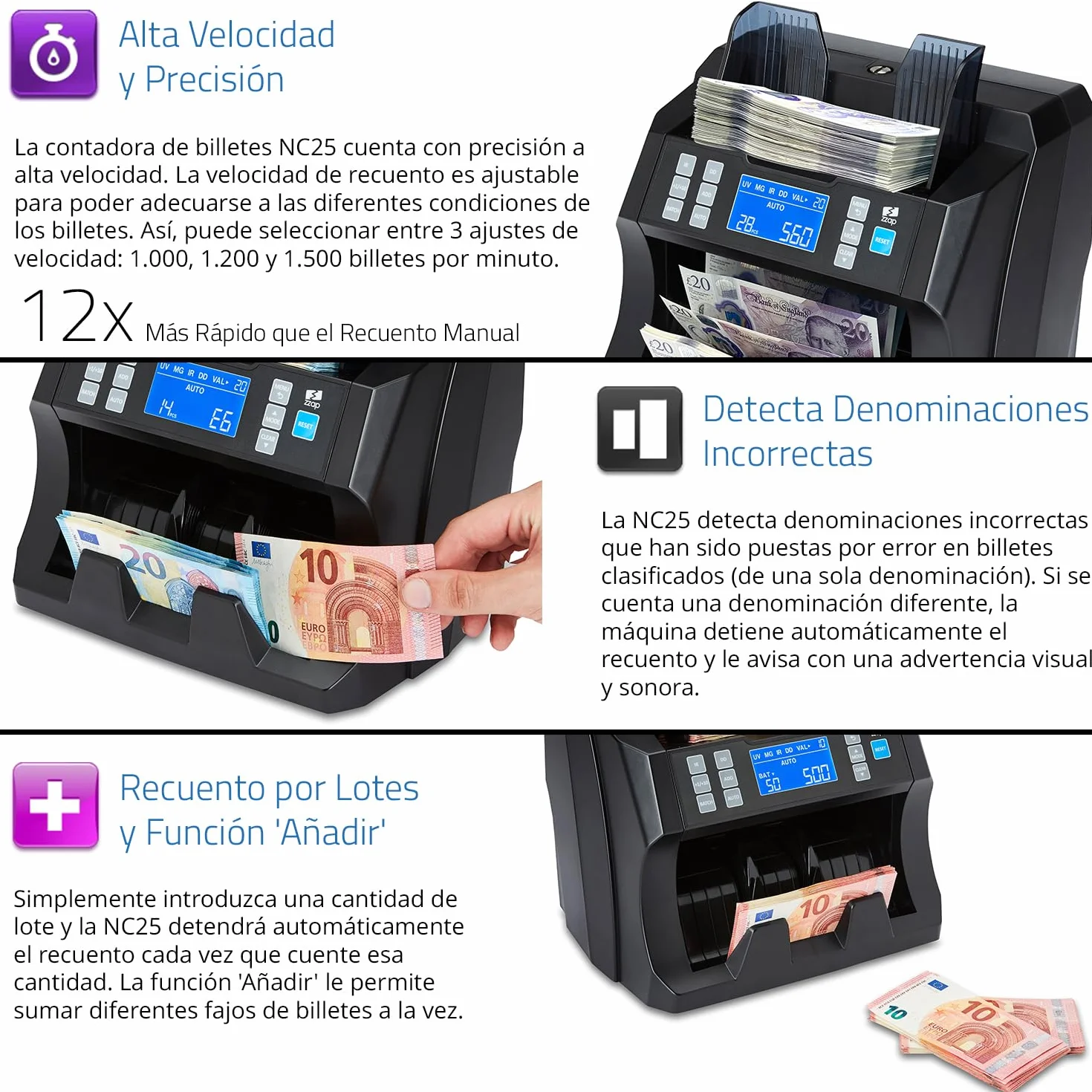 ZZap NC25 Contadora de billetes y detector de falsificaciones
