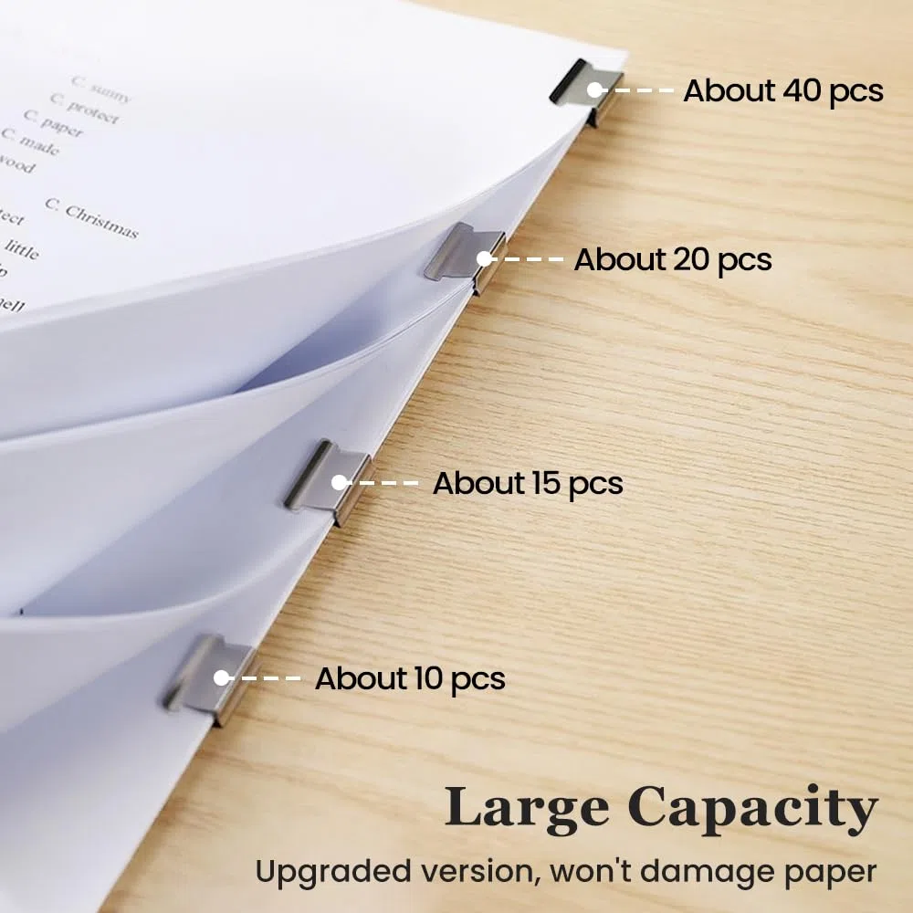 Grapadora portátil de clip para carpeta, incluye 50/100 clips reutilizables, dispensador de clips de papel de mano de tamaño grande, grapadora de escritorio reutilizable con dispensador (azul-2