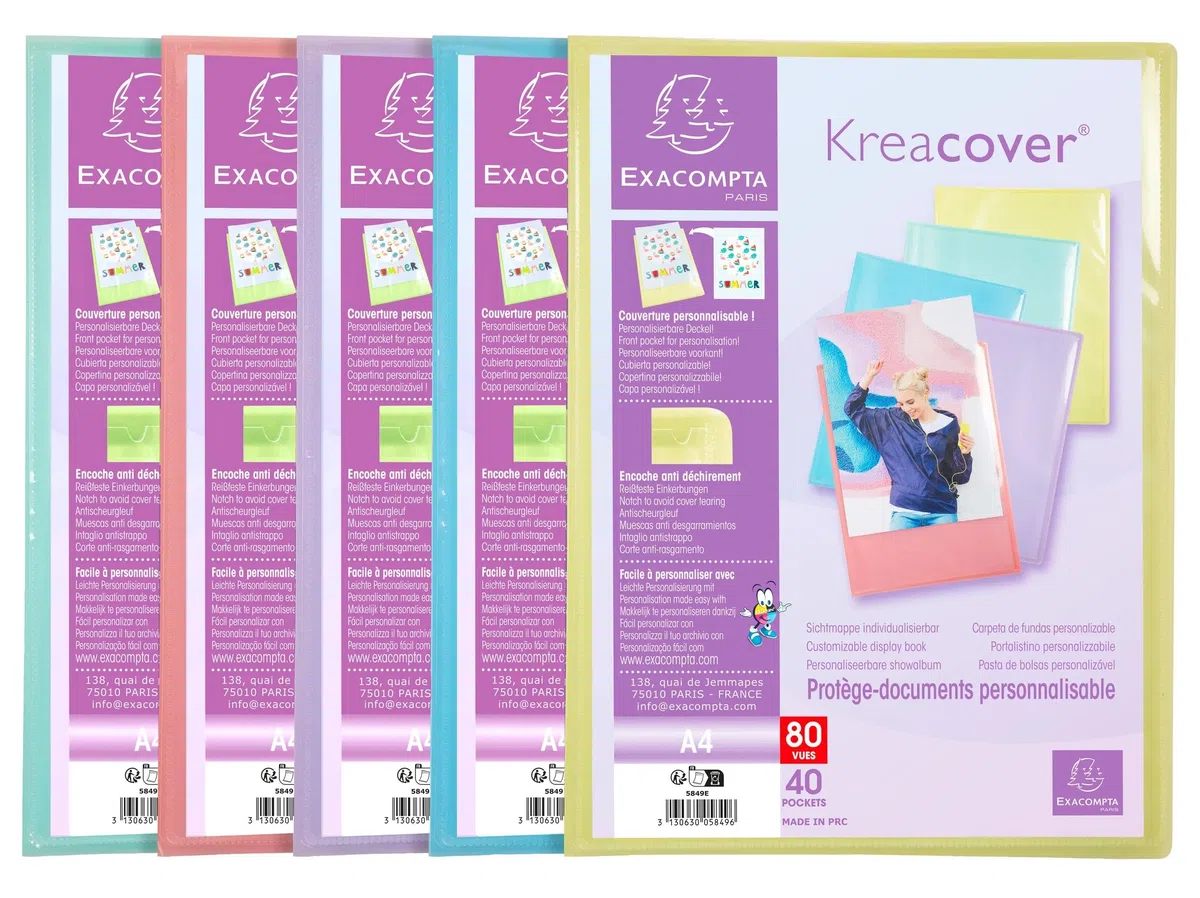 Exacompta - Ref. 5849E Kreacover Pastel - Caja de 10 fundas de documentos personalizable (40 fundas de cristal liso, 80 vistas, para A4, 24 x 32 cm, tapa de polipro semirrígida)