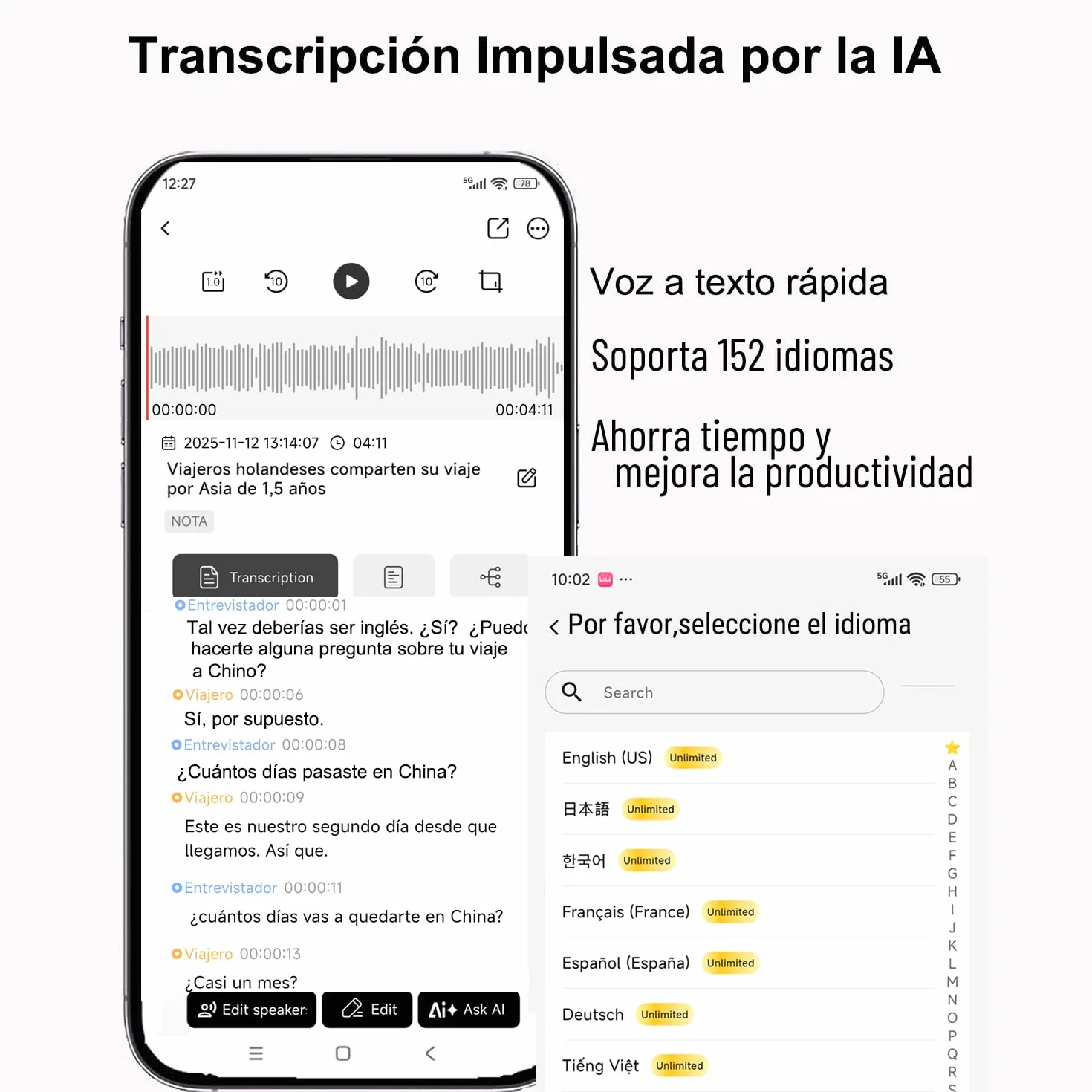 Grabadora de Voz Inteligente con IA Transcripción Resúmenes Grabación AI Reuniones Llamadas Entrevistas Charlas Clases