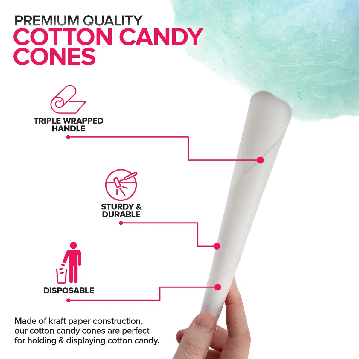Conos de caramelo de algodón (paquete de 100) – Bastones de algodón blanco – Cono de caramelo de algodón de papel Kraft – Suministros de caramelo de algodón para hilo de azúcar – Conos para