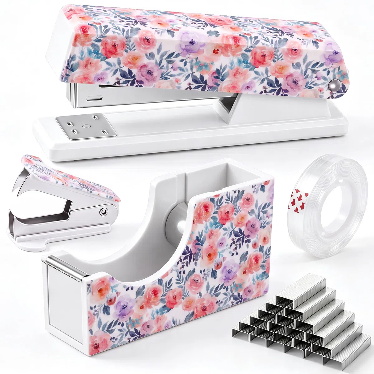 Eaasty Juego de grapadora floral y dispensador de cinta, bonito juego de suministros de oficina con 2 rollos de cinta, removedor de grapas y 1000 grapas 24/6, accesorios de escritorio para profesores