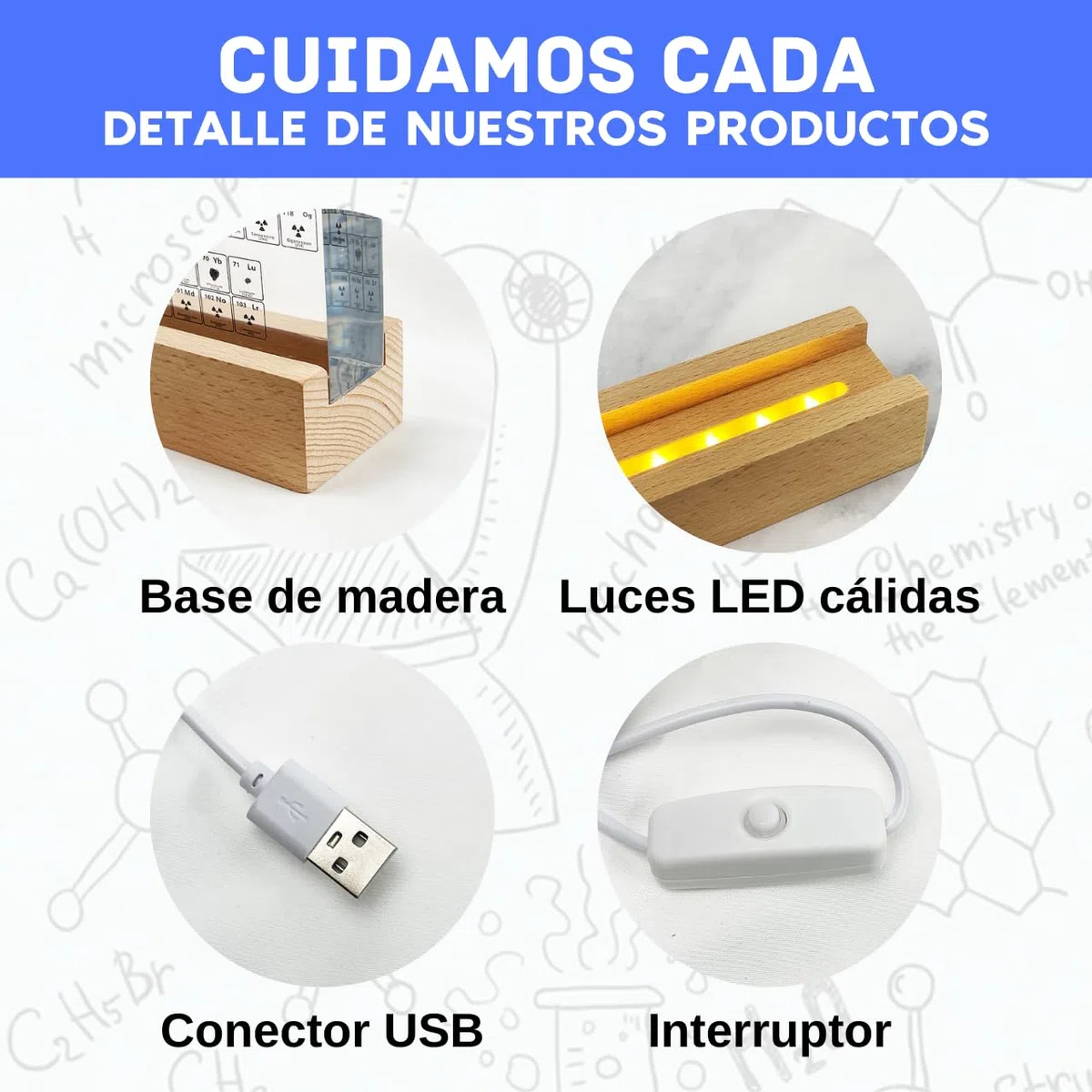 Tabla Periódica con Elementos Reales y Base de Madera con Luz Led Cálida - Póster Tabla de los Elementos Resina Transparente y Soporte - Regalo Química