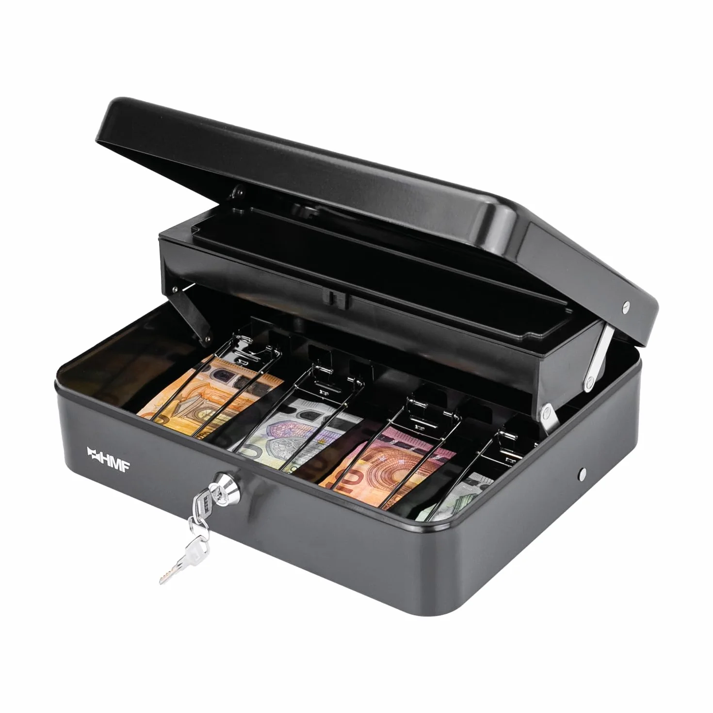 HMF 15230-02 - Caja de caudales con cerradura con compartimento para monedas y 4 compartimentos para billetes con pinza | 30 x 24 x 9 cm | Negro