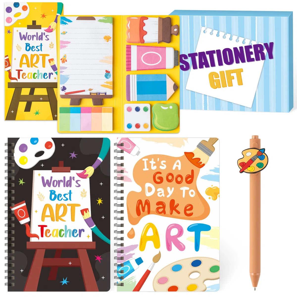 B1ykin Juego de regalo de papelería, 3 cuadernos adhesivos, cuadernos en espiral A5 y 550 hojas, bonitas notas adhesivas con bolígrafos, kit para oficina, escuela, profesores, suministros de Acción de