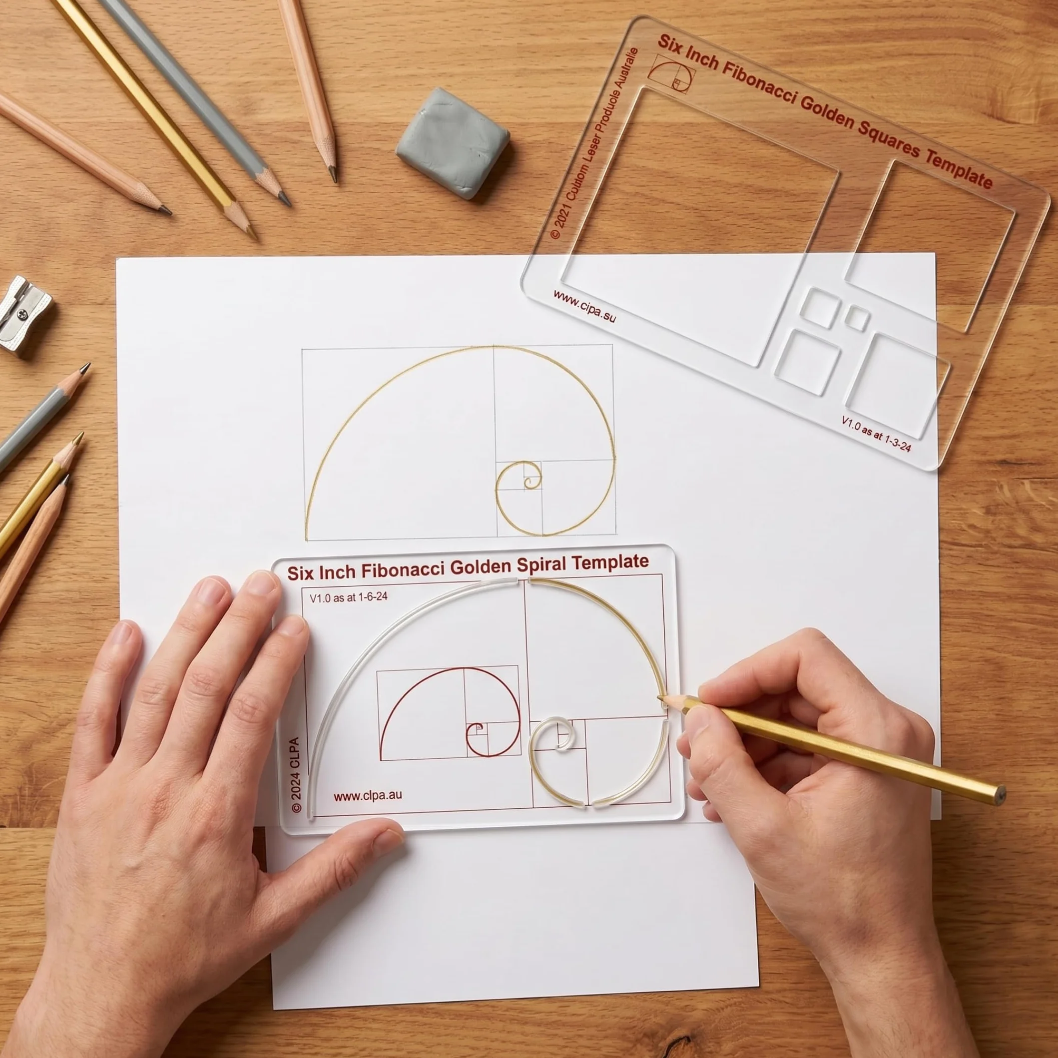 Plantilla de espiral de Fibonacci CLPA de 6" — Herramienta de proporción áurea para dibujo, arte y acolchado | PETG transparente