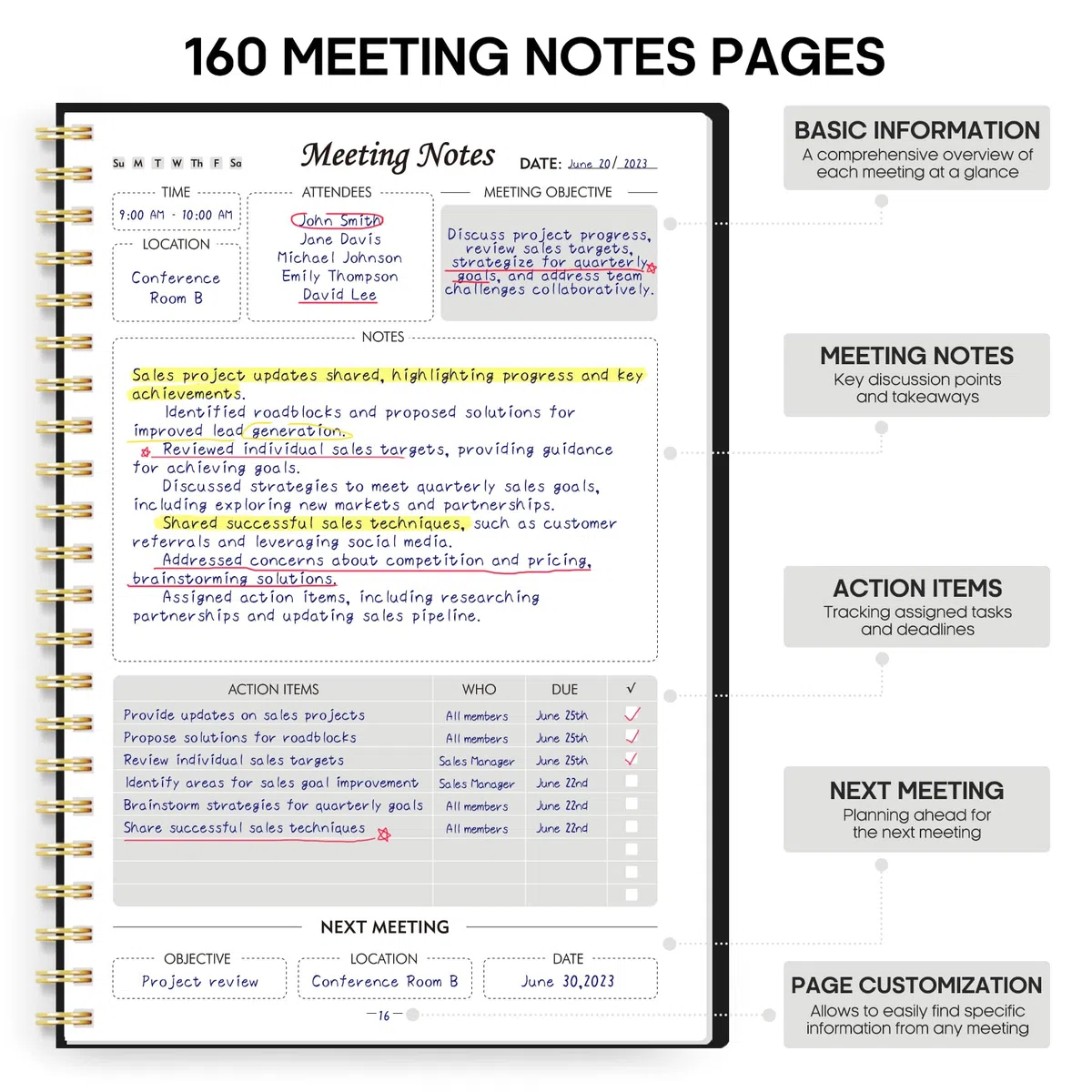 Paquete de 6 cuadernos de reuniones para organización del trabajo, cuaderno planificador de trabajo con artículos de acción, agenda para tomar notas, 160 páginas (6.9 x 9.9 pulgadas), organizador de