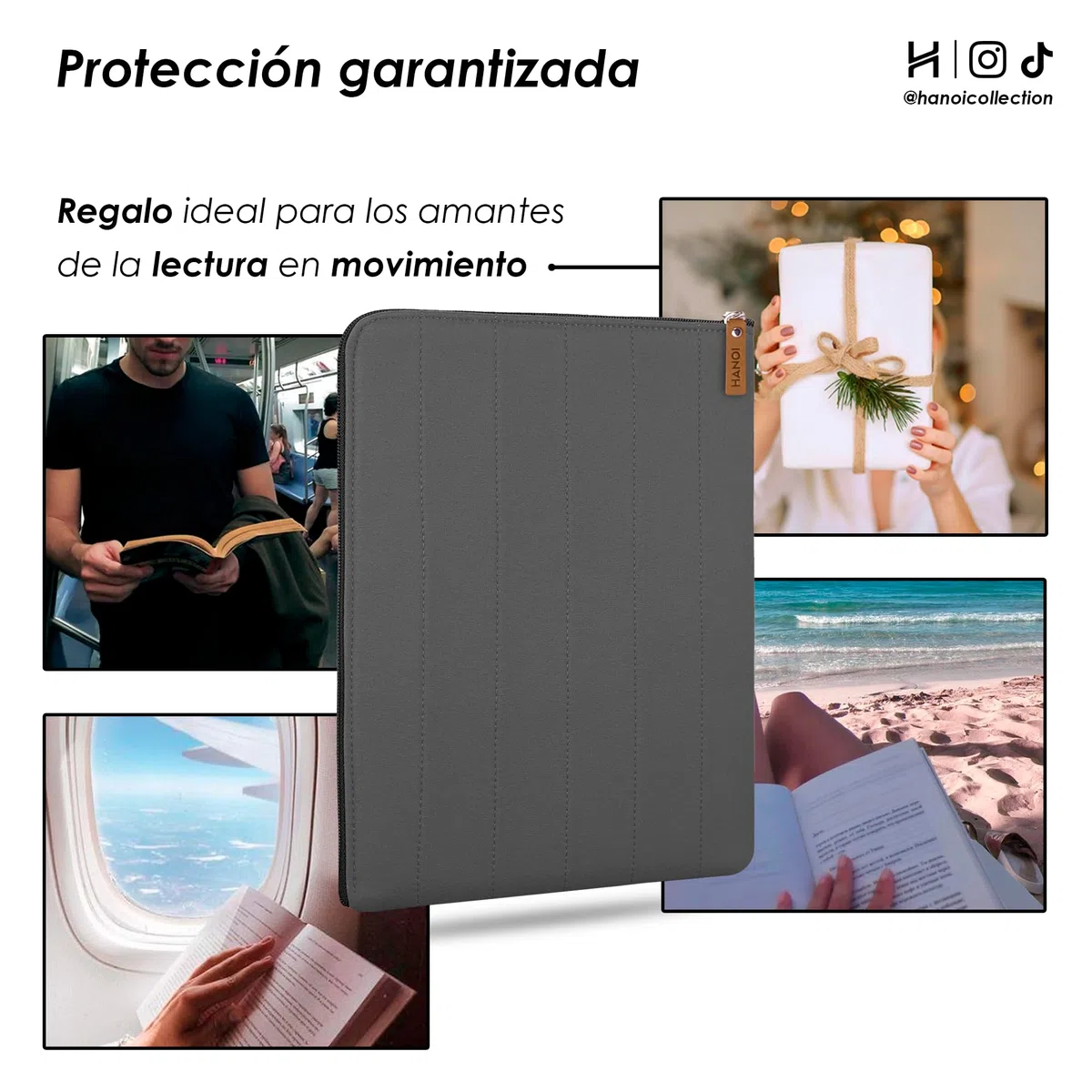 Lisboa™ Funda para libros con cremallera acolchada. Funda de libro acolchada grande. Funda protectora de libros de lectura (Gris Oscuro, Grande)