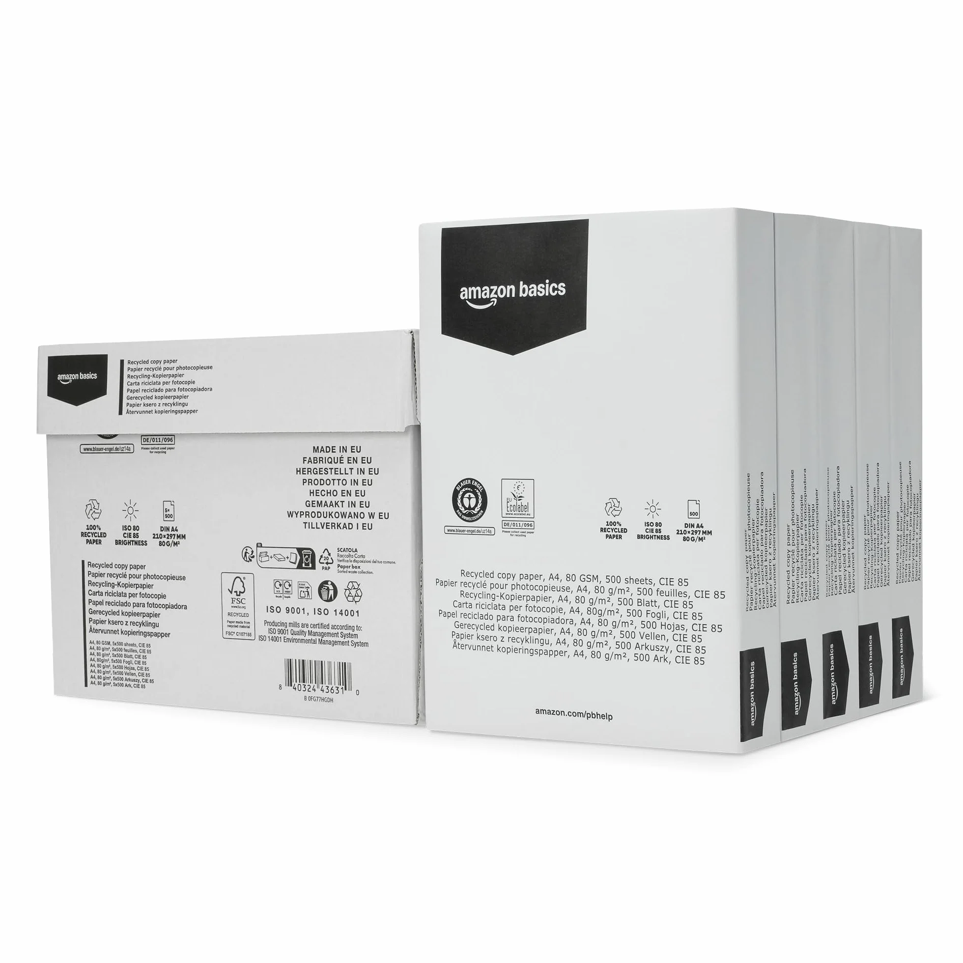 Amazon Basics Papel de Copia 100% Reciclado A4, 80g/m², 2500 Hojas (5 Resmas), Color Blanco Natural
