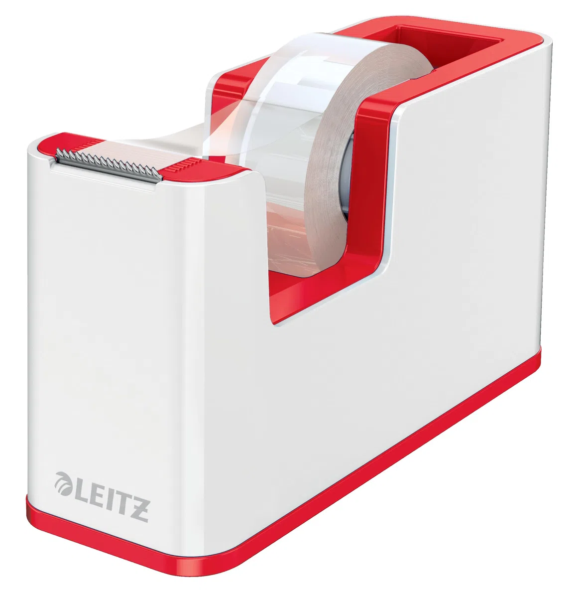 Leitz WOW Dispensador de Cinta, Base Robusta, Incluye un Rollo de Cinta Adhesiva, Portarrollos de Cinta para Escritorio, Blanco/Rojo, 53641026