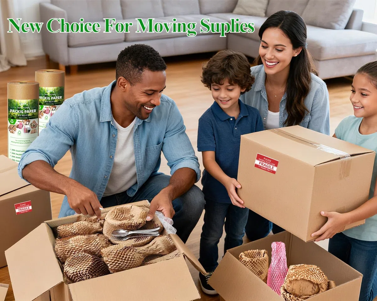 Papel de embalaje de panal, 15 x 400 pies, alternativa sostenible a la amortiguación de burbujas, papel de embalaje para mudanzas, envíos, embalaje, rollo con 20 calcomanías frágiles, biodegradables y