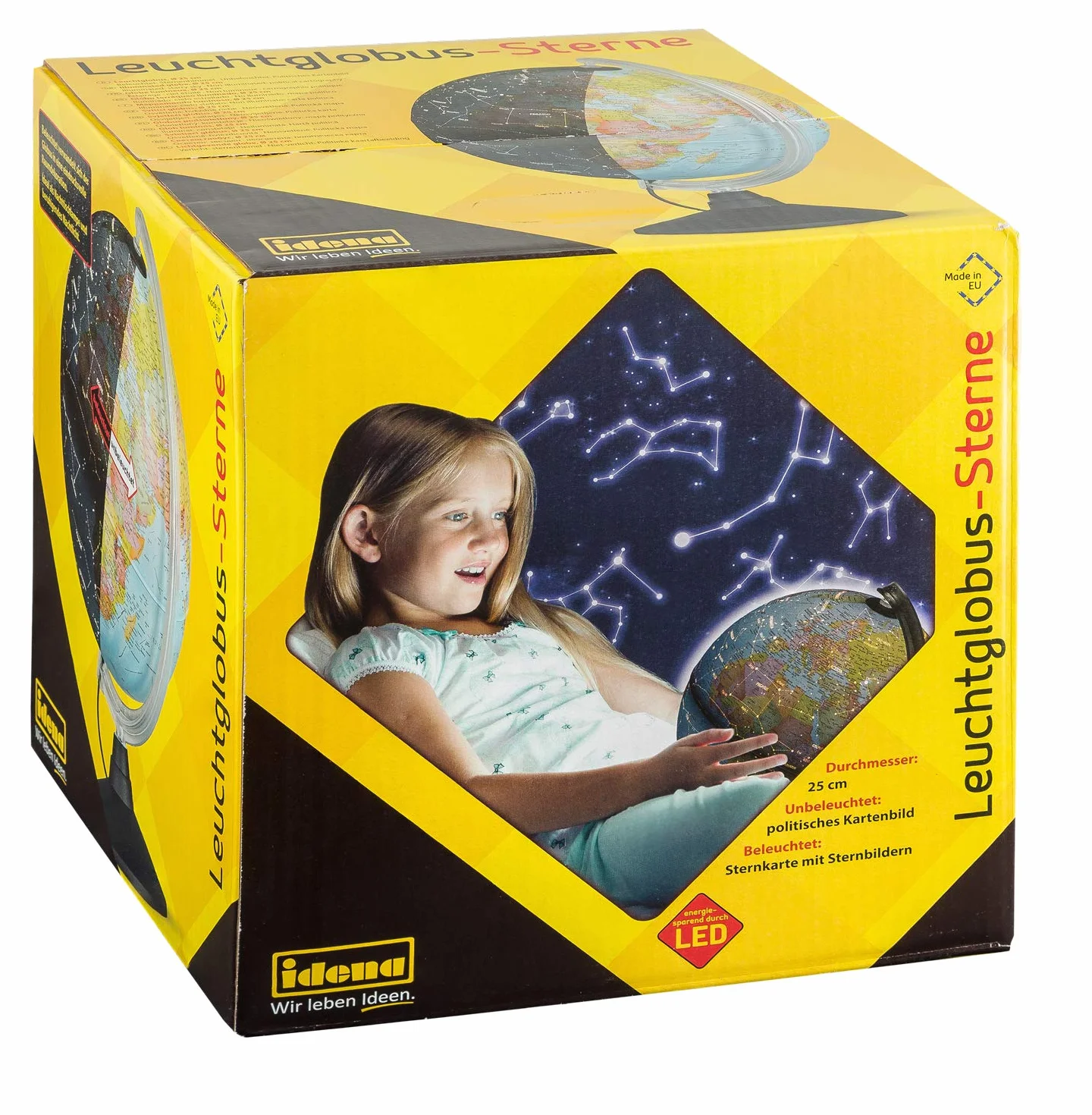 Idena 10411 - Globo terráqueo iluminado por LEDs con constelaciones, interruptor de encendido/apagado, aprox. 25 cm de diámetro, imagen del mapa político y astronómico