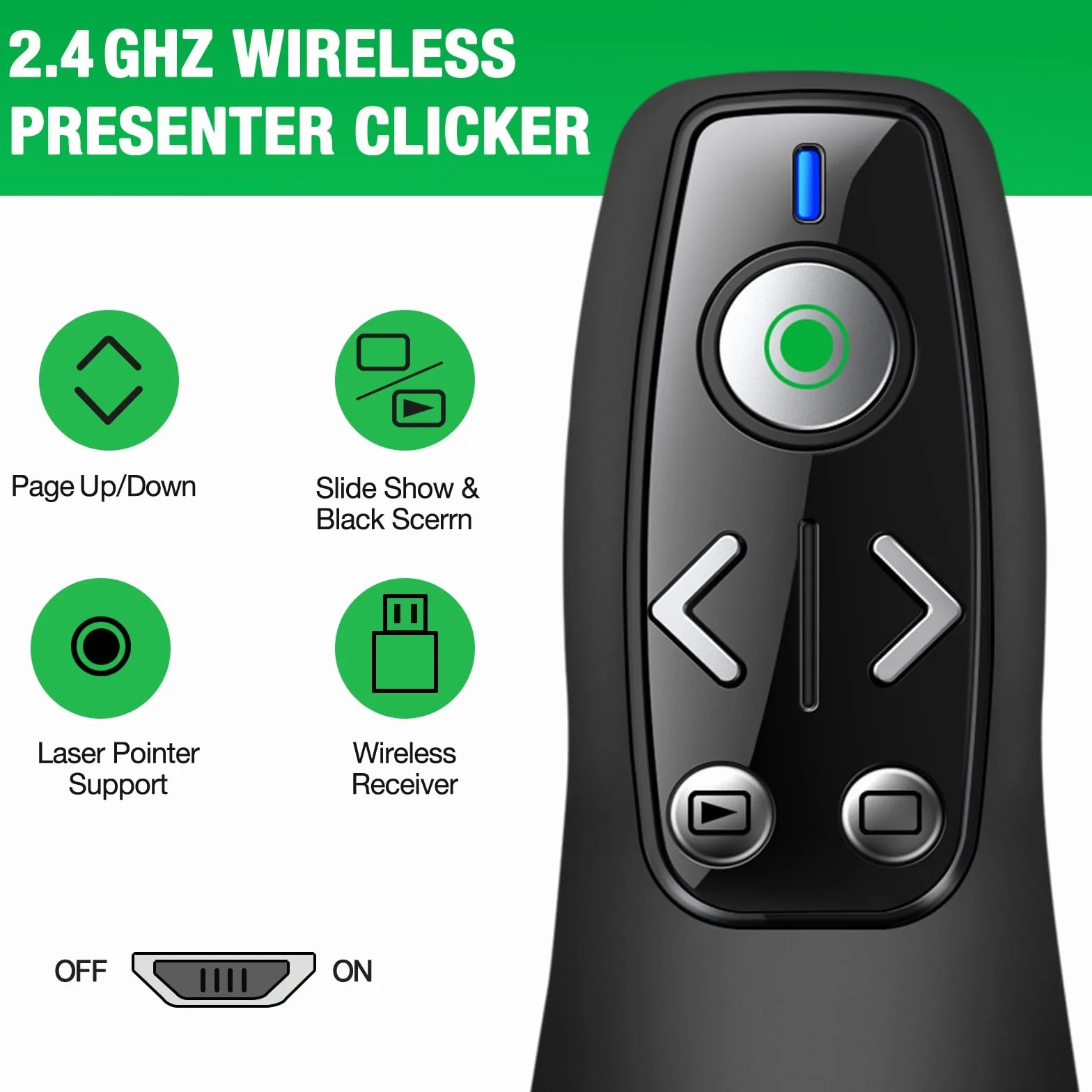 Control remoto inalámbrico 3 en 1 USB tipo C con luz verde para PowerPoint, PowerPoint Clicker con control de volumen PowerPoint Slide Advancer para Mac, computadora, laptop