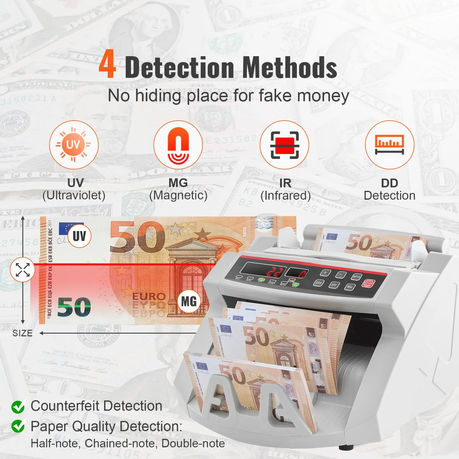 VEVOR Contador de billetes de dinero con pantalla LED contador de billetes profesional con detector de billetes falsos, UV/MG, 1000 billetes/minuto, solo cuenta el número de hojas