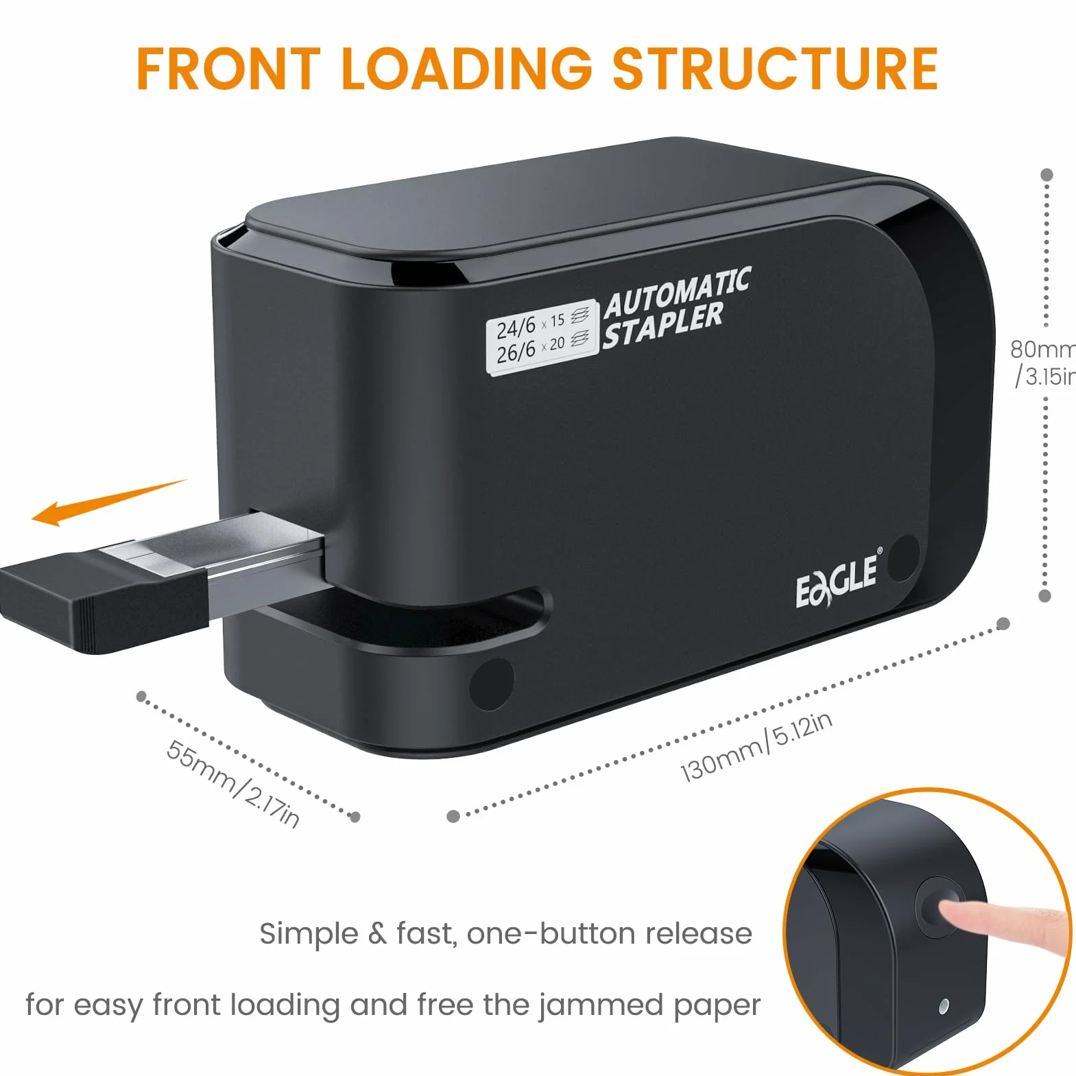Eagle - Grapadora eléctrica resistente con capacidad para 20 hojas y alimentación por batería o CA (negra)
