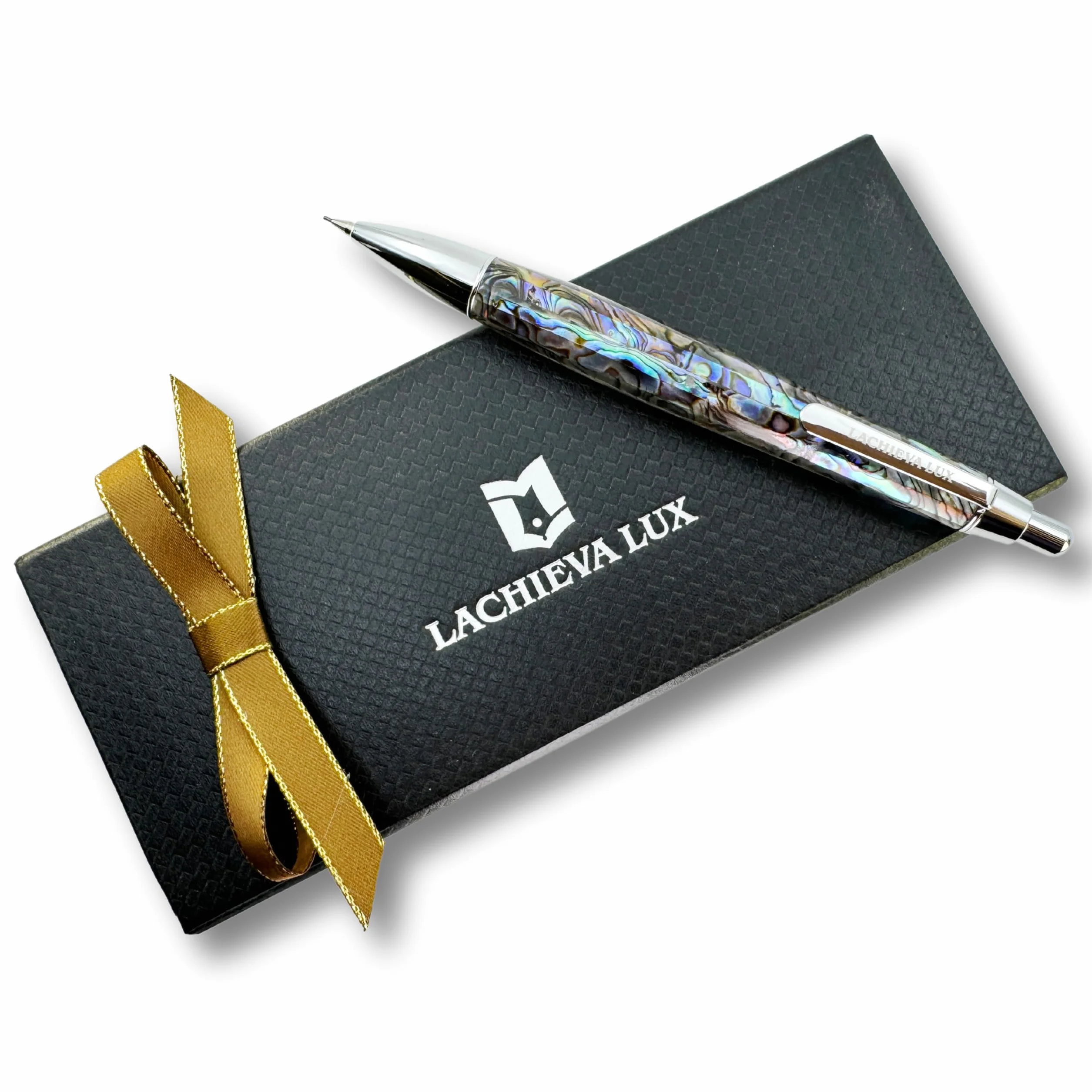 LACHIEVA LUX Portaminas de concha de abulón de 0,7 mm, lápiz de metal de lujo para dibujar y dibujar, incluye 12 recambios de minas