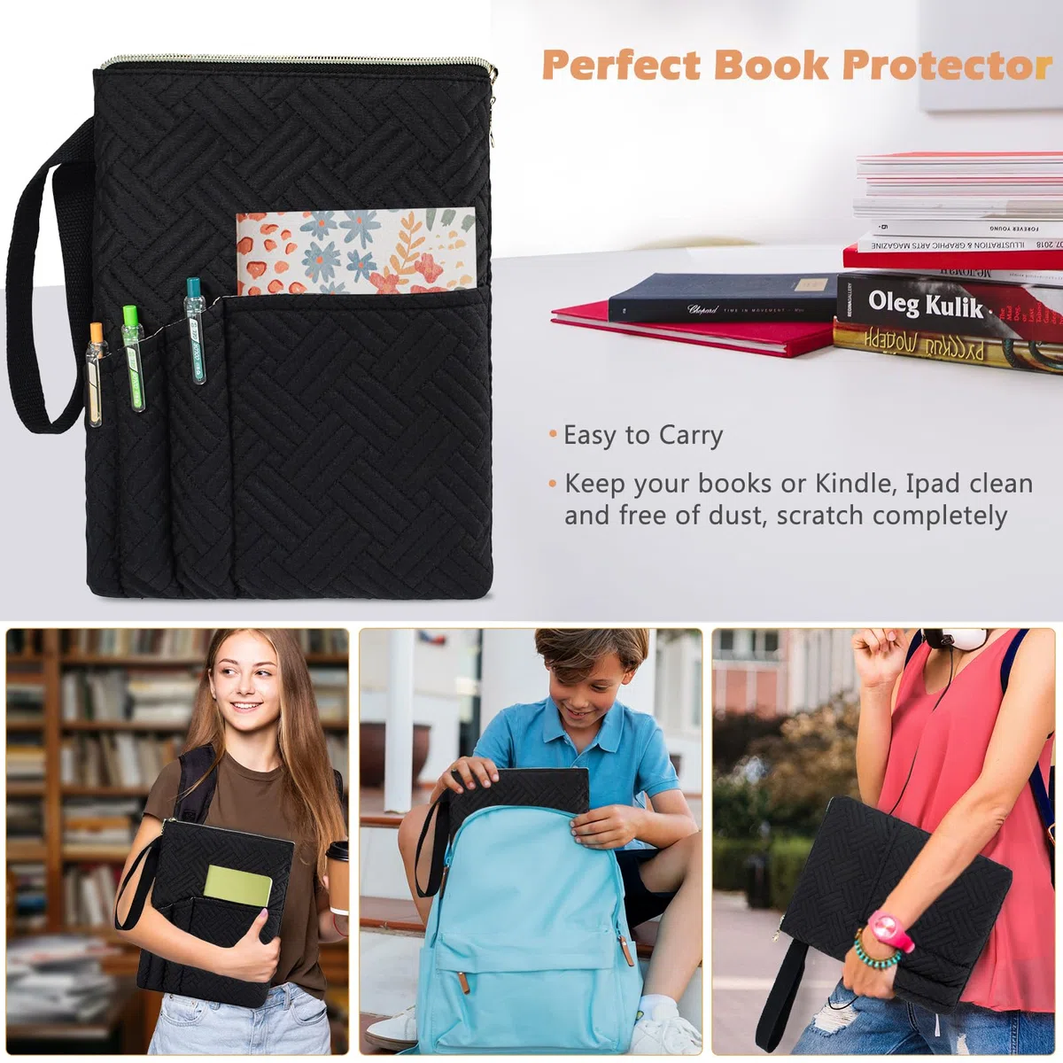 APLUFINE Funda para libro de la Biblia para mujeres y hombres, funda de libro para los amantes de los libros, protector de libro de tapa blanda y fundas duras, funda para libros (negro, vertical)