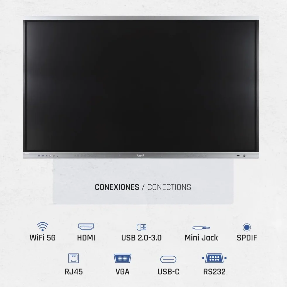 iggual Pantalla interactiva táctil ORCHID 75"- Smart Board - DLED 4K - Procesador 8 núcleos A55 - RAM 4GB+ROM 32 GB. SO - Android 14 - Pizarra digital, Oficina y aula - Trasferencia inalámbrica datos.