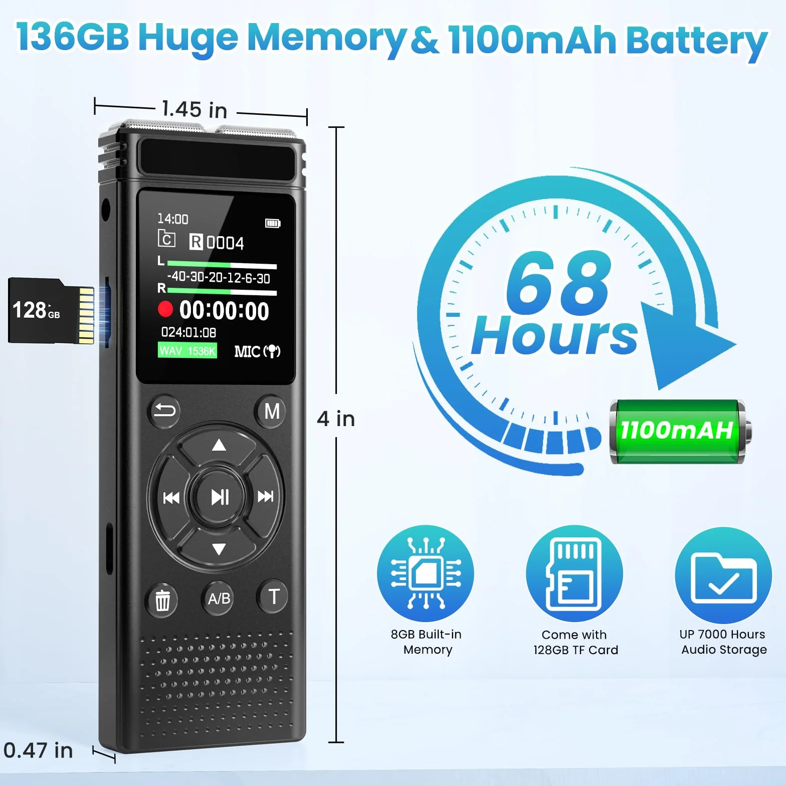 Grabadora de voz digital de 136 GB con reproducción, dispositivo de grabación de audio de 9000 horas, grabadora activada por voz con reducción de ruido, repetición A-B, reproductor de MP3 y contraseña