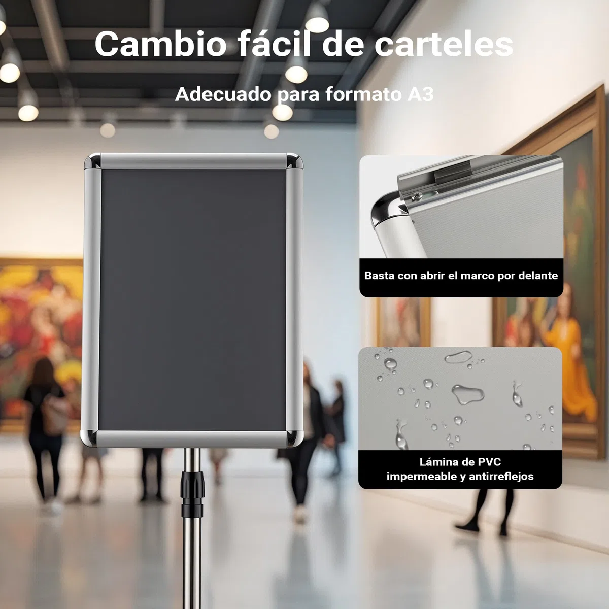 WilTec Soporte para carteles A3 de pie altura ajustable 88-138 cm en aluminio y acero inoxidable, soporte de presentación información, documentos, folletos, soporte publicitario versátil