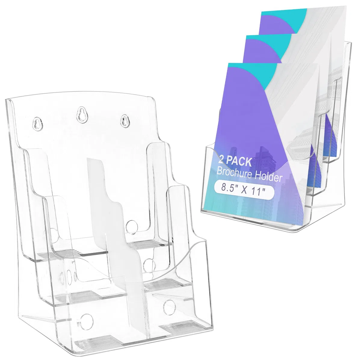 Soporte para folletos de 8.5 x 11 pulgadas, paquete de 2 soportes acrílicos de 3 niveles con divisor extraíble para folletos de 4 x 9 pulgadas, soporte transparente para folletos