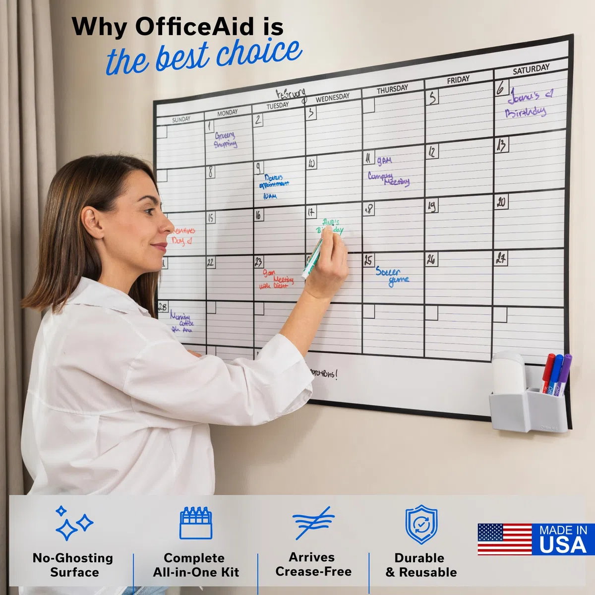 Calendario grande de borrado en seco para pared de 24 x 36 pulgadas, oficina familiar gigante, grande, reutilizable, planificador mensual borrable, pizarra blanca enrollada, calendario de borrado en