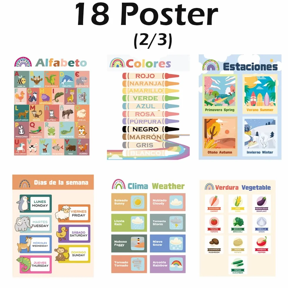 Clase de Español para Niños Poster, 18 Pósteres Bohemios Decoraciones Bilingües para Estudiantes de Primaria, Tablas de Aprendizaje Resistentes al Agua