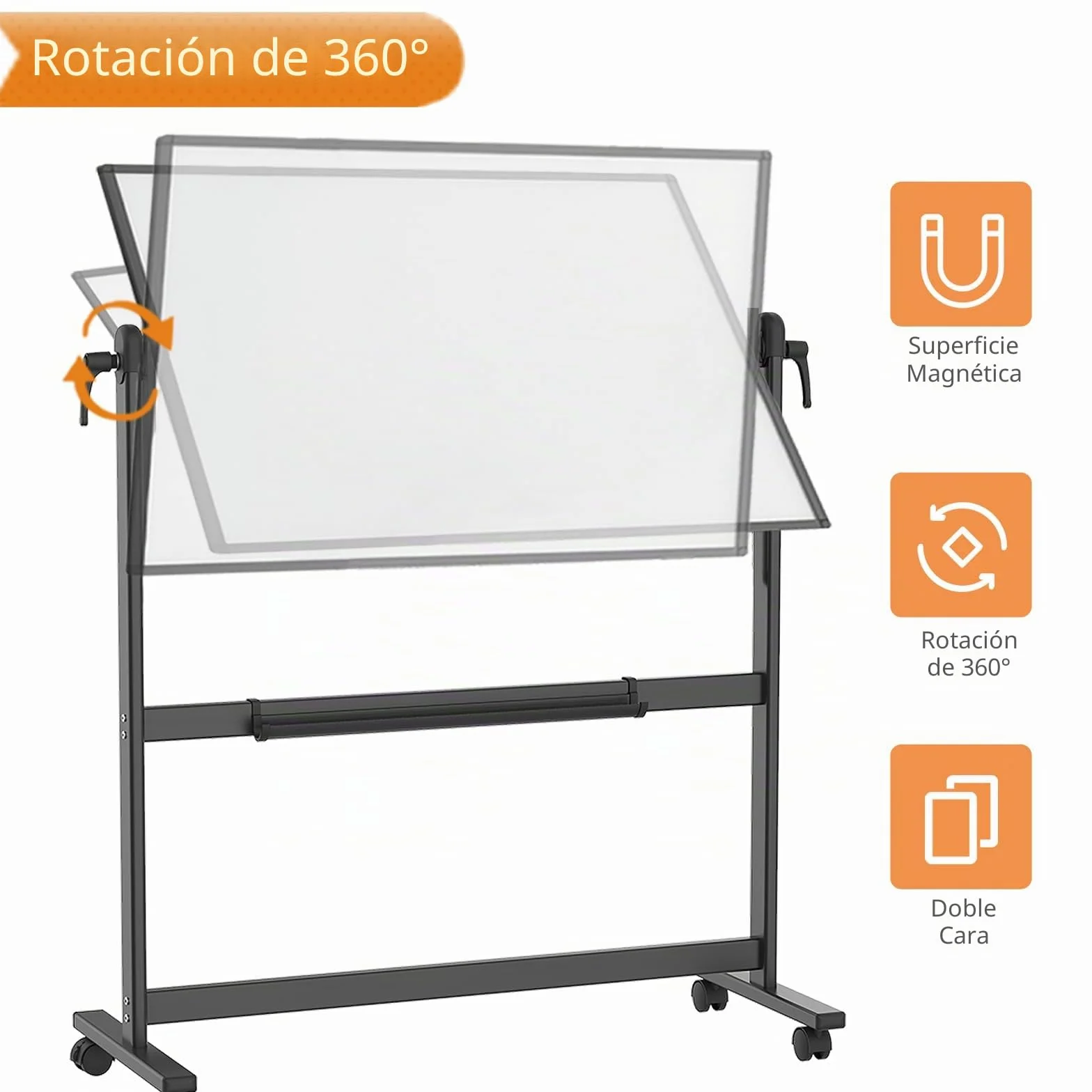 VIZ-PRO Pizarra blanca móvil magnética doble cara 120x90 cm marco aluminio negro