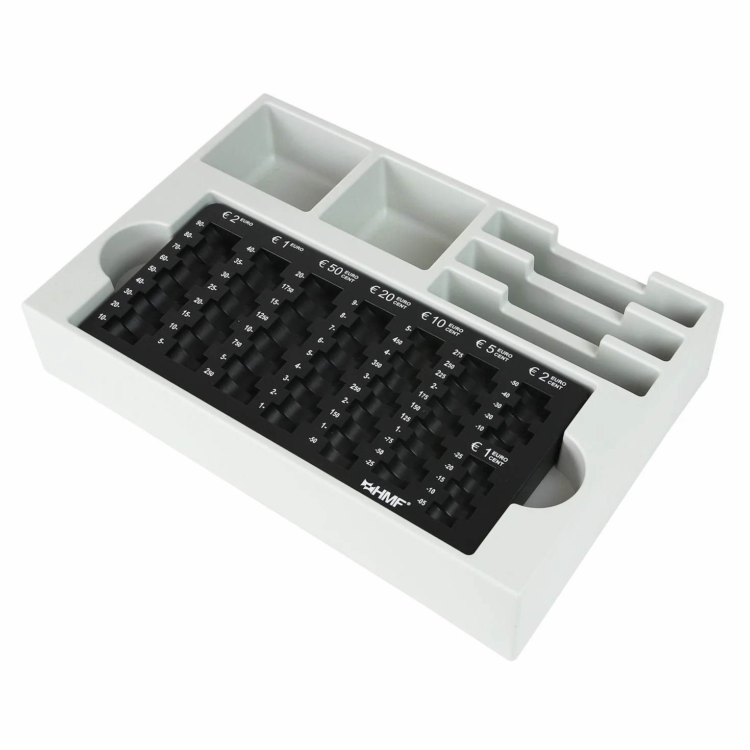 HMF 3210-02 Bandeja para monedas de euro, recuento, 3 compartimentos para billetes, 35 × 23,5 × 7 cm, negra